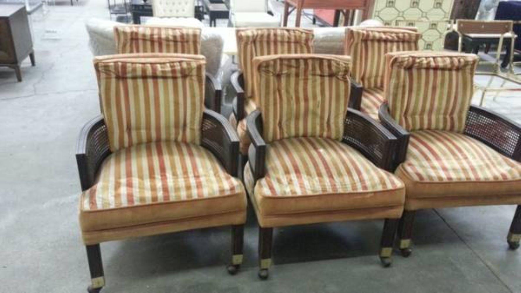 1960s Hollywood Regency Striped Velvet Dunbar Armed Club Chairs Set of 6 Vintage For Sale 11
