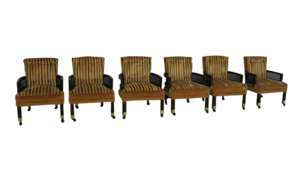 1960s Vintage Hollywood Regency striped velvet upholstered Dunbar designed armed club chairs / lounge chairs - set of 6.

1960s Original vintage Hollywood regency striped velvet upholstered Dunbar designed armed club chairs or lounge chairs set of