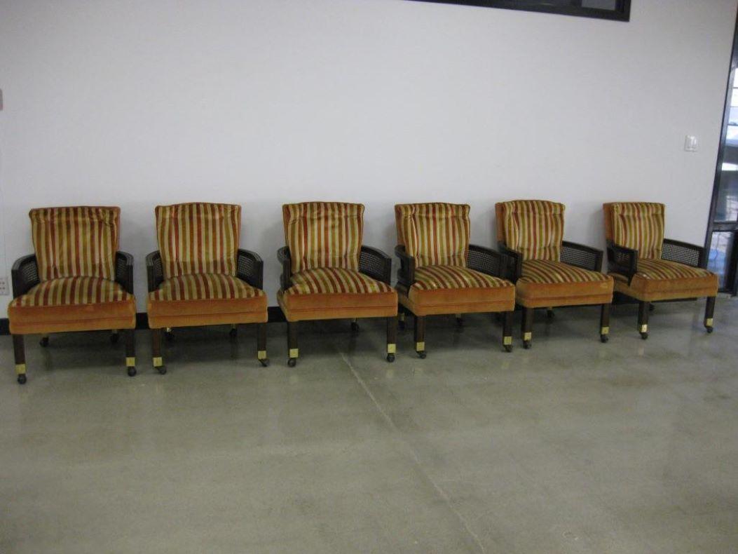 1960s Hollywood Regency Striped Velvet Dunbar Armed Club Chairs Set of 6 Vintage 14