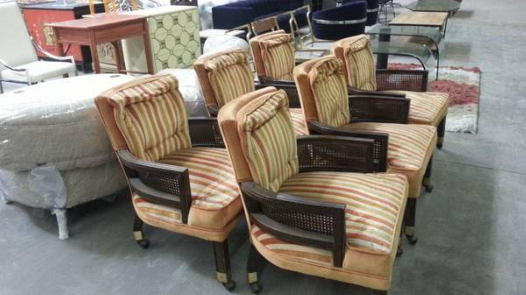 1960s Hollywood Regency Striped Velvet Dunbar Armed Club Chairs Set of 6 Vintage In Good Condition For Sale In Monrovia, CA