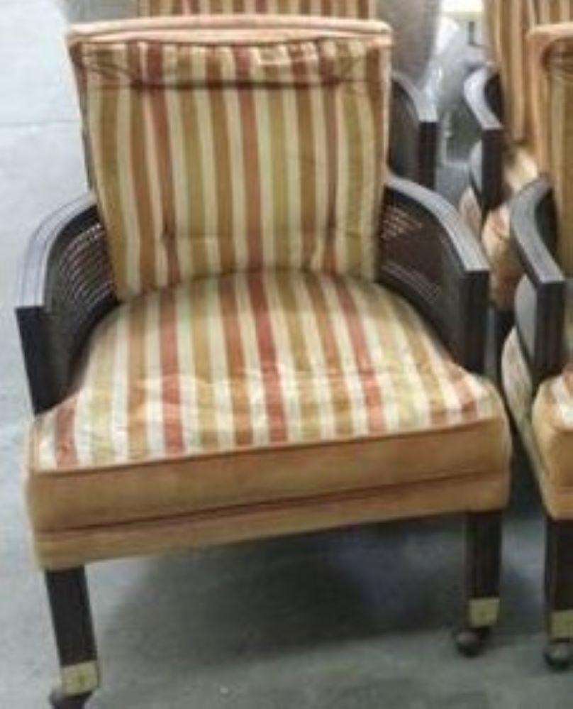 Brass 1960s Hollywood Regency Striped Velvet Dunbar Armed Club Chairs Set of 6 Vintage For Sale