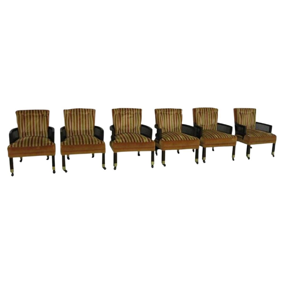 1960s Hollywood Regency Striped Velvet Dunbar Armed Club Chairs Set of 6 Vintage For Sale