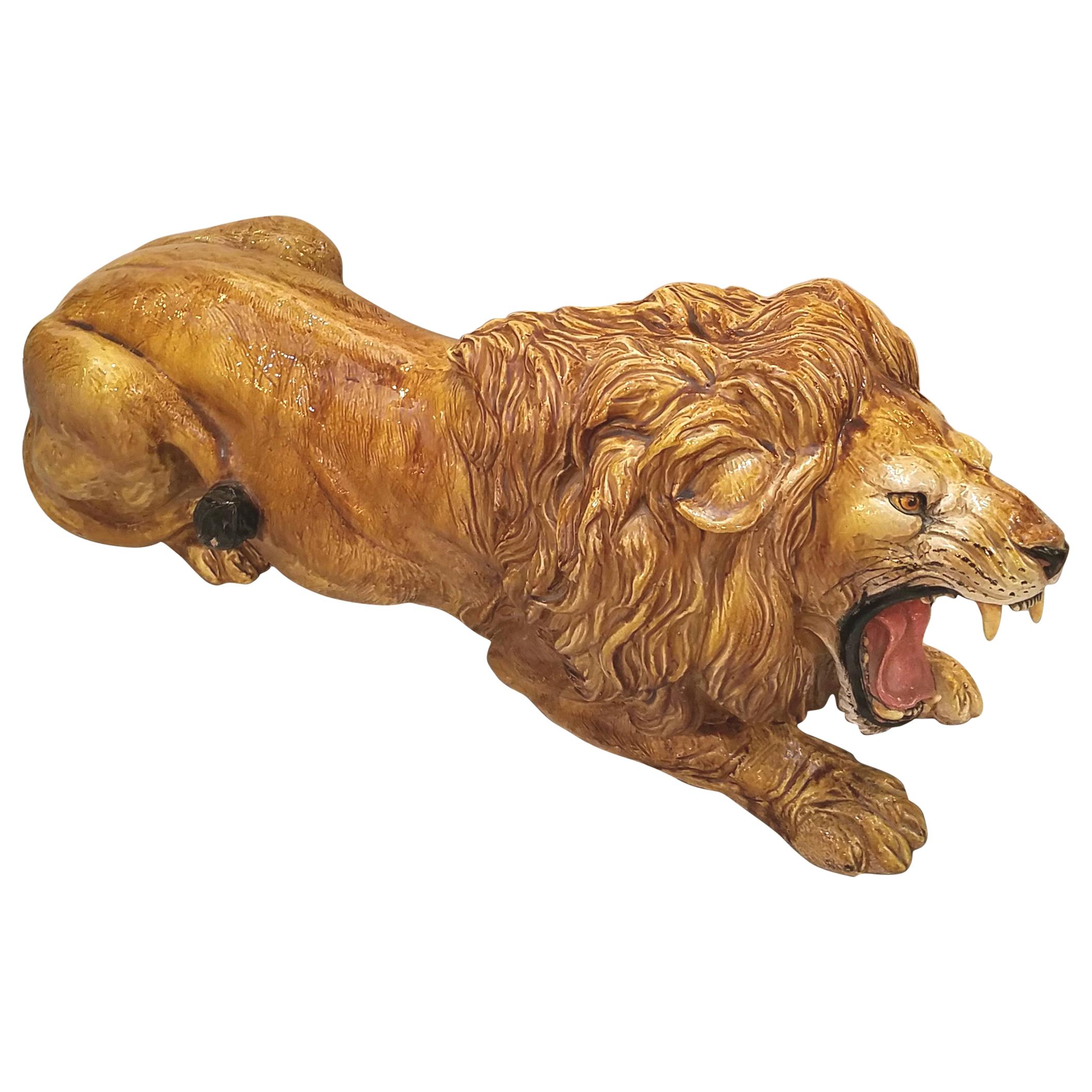 1960s Hollywood Regency Terra Cotta Majolica Lion