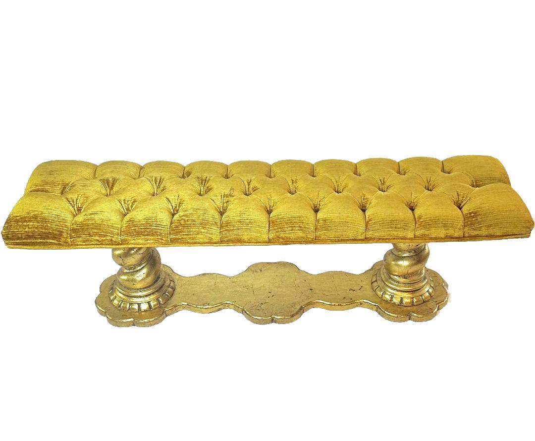 Unknown 1960s Hollywood Regency tufted gold bench  For Sale