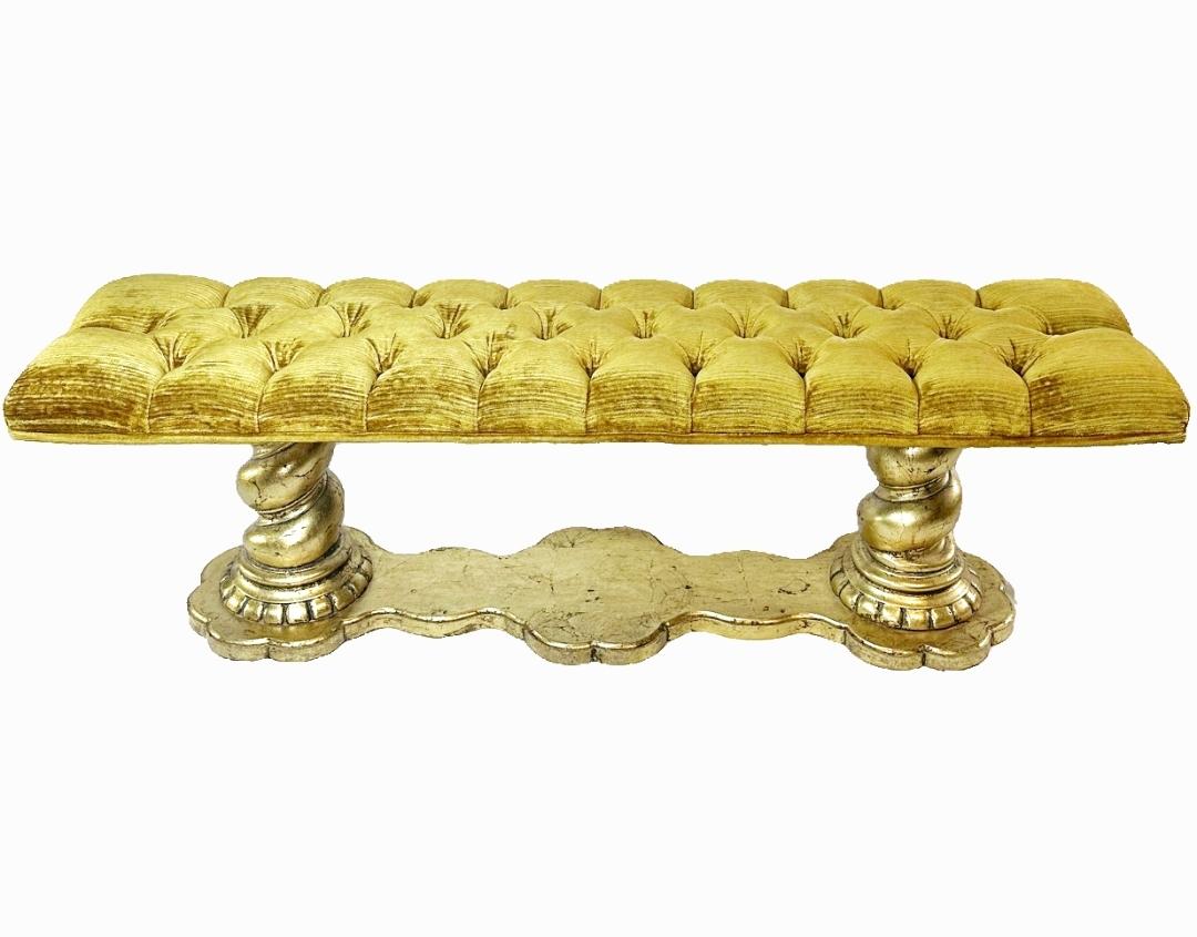 1960s Hollywood Regency tufted gold bench  In Fair Condition For Sale In Waxahachie, TX