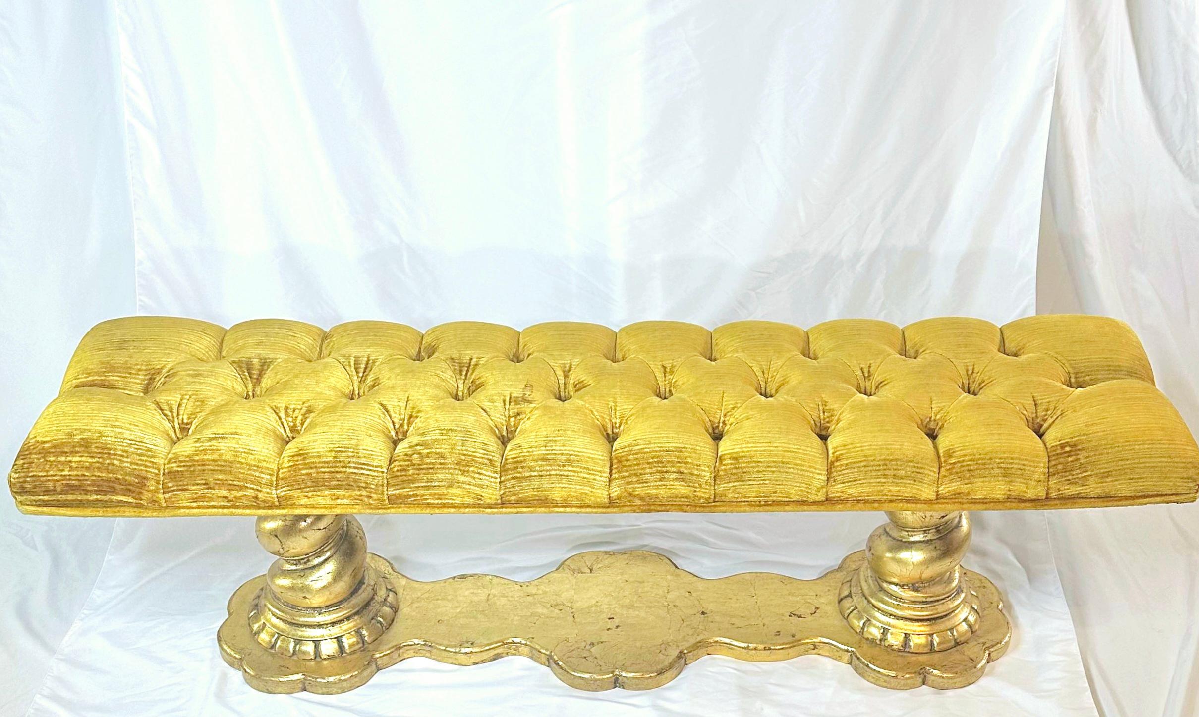 20th Century 1960s Hollywood Regency tufted gold bench  For Sale