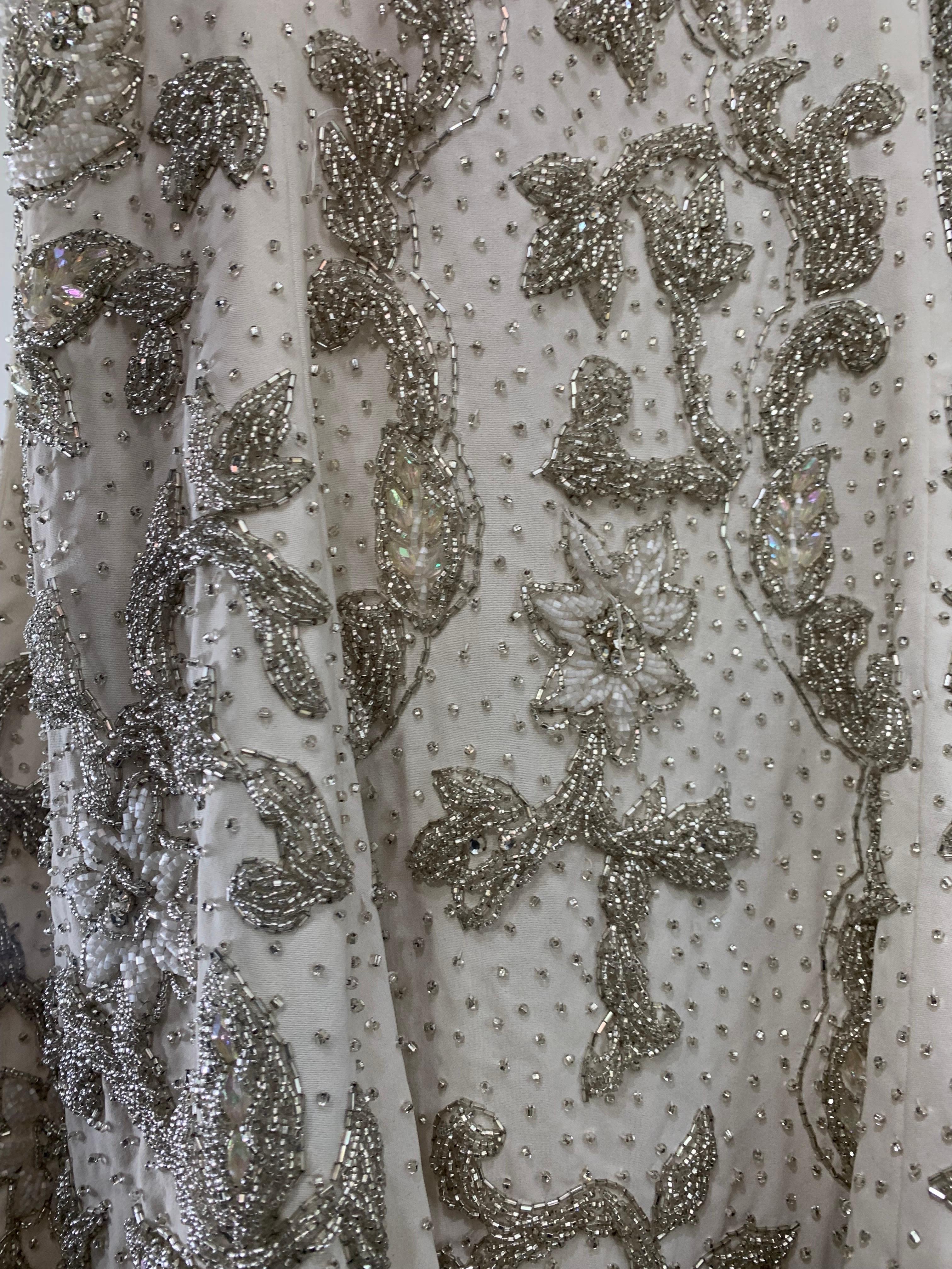 1960s Hong Kong Beaded White Silk Crepe Fishtail Wedding Gown For Sale 5