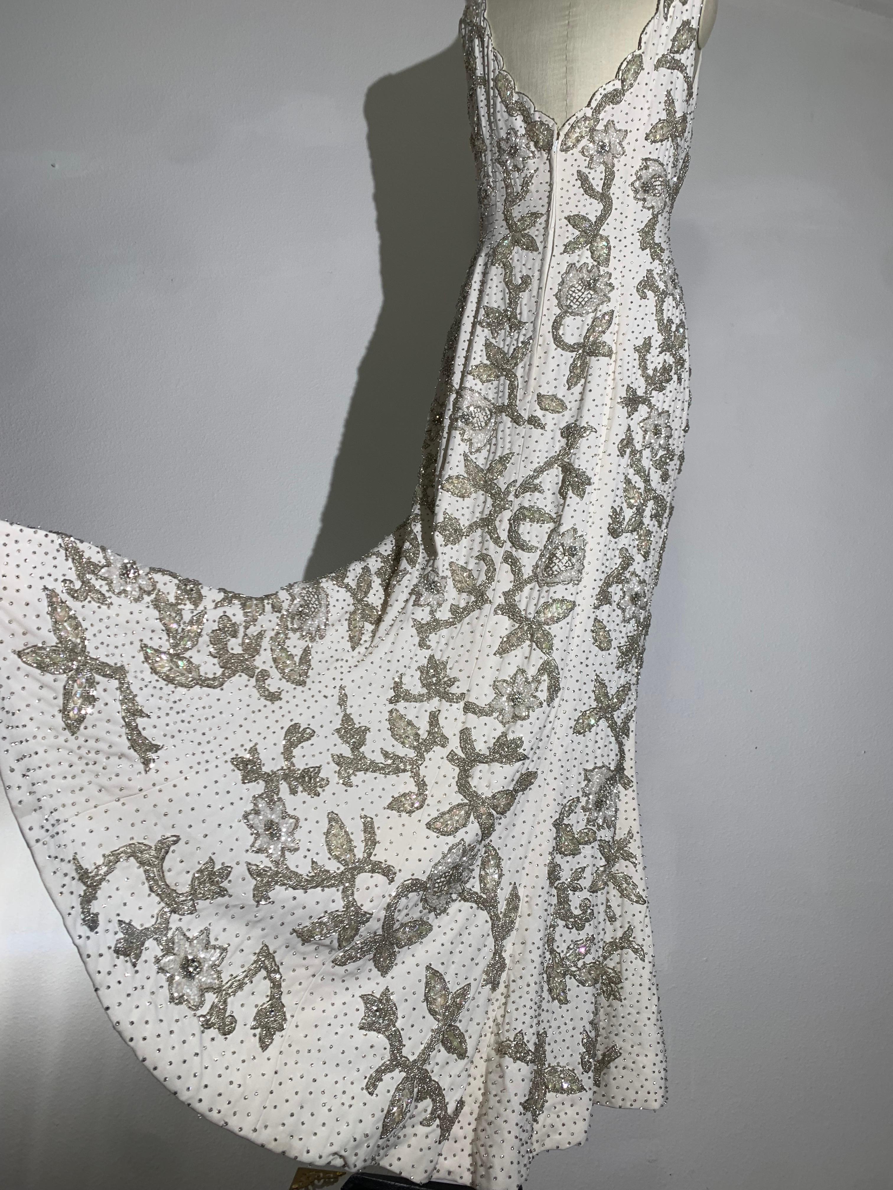 1960s Hong Kong Beaded White Silk Crepe Fishtail Wedding Gown For Sale 7