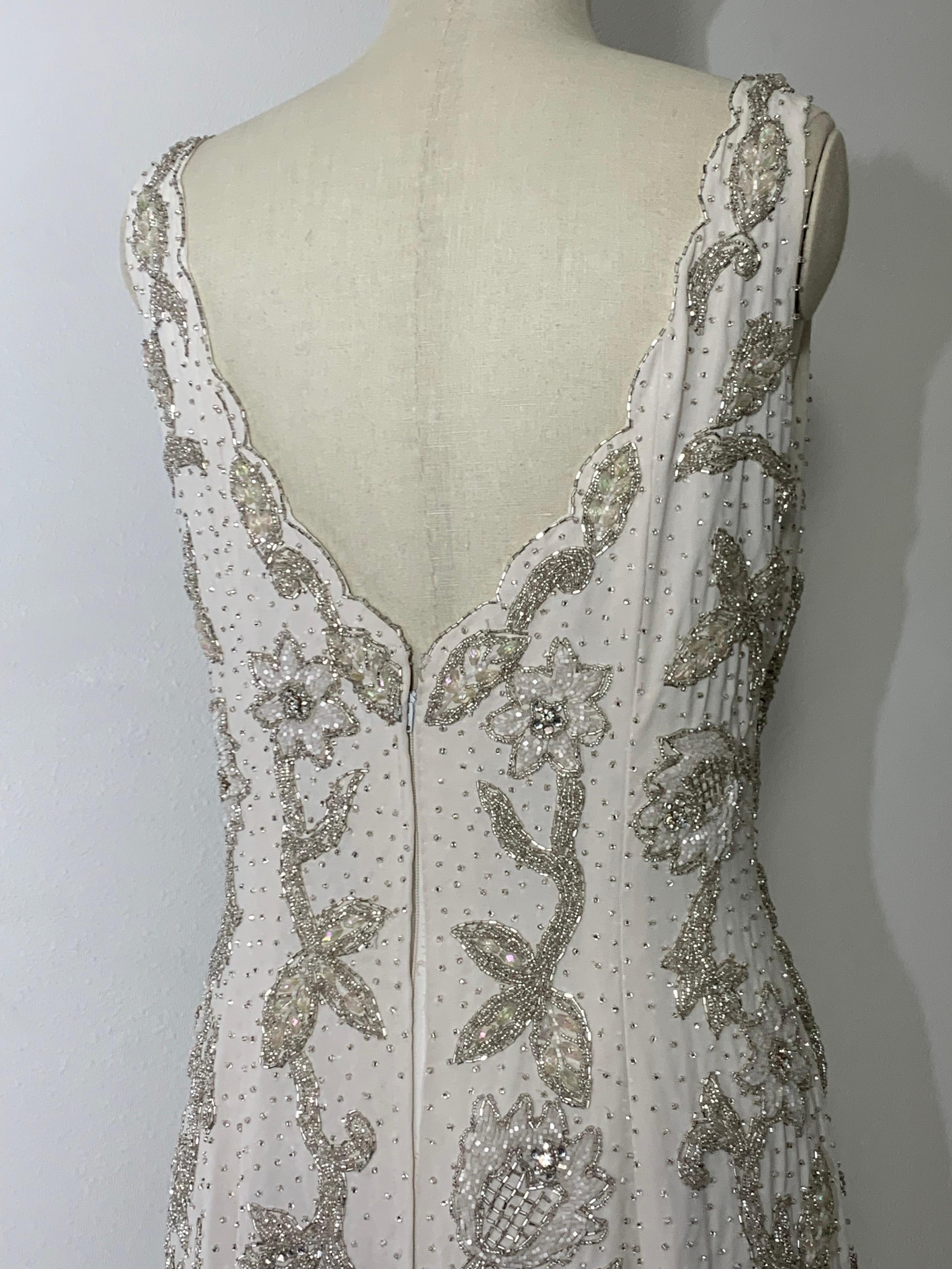 1960s Hong Kong Beaded White Silk Crepe Fishtail Wedding Gown For Sale 9