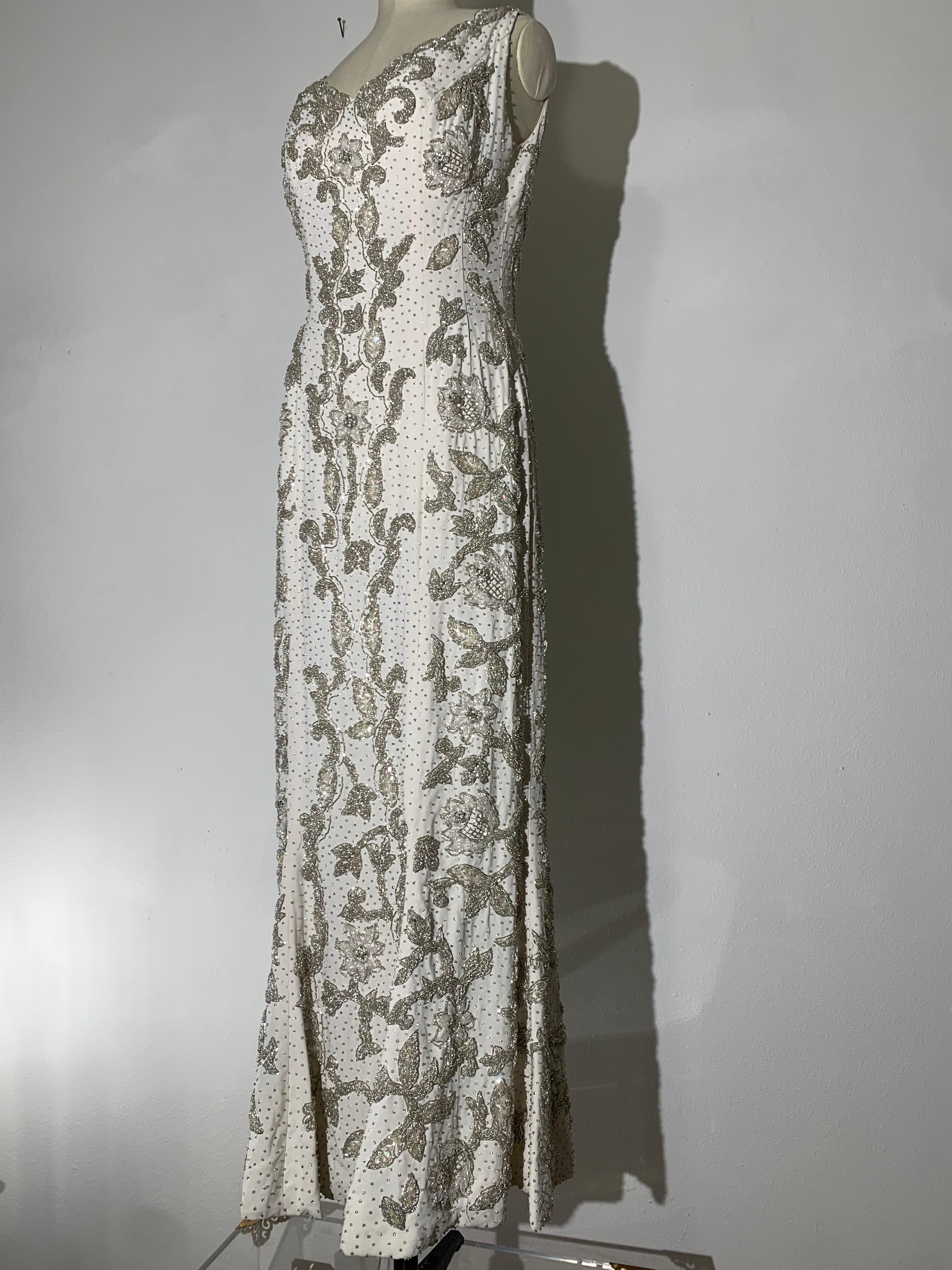 1960s Hong Kong Beaded White Silk Crepe Fishtail Wedding Gown For Sale 11