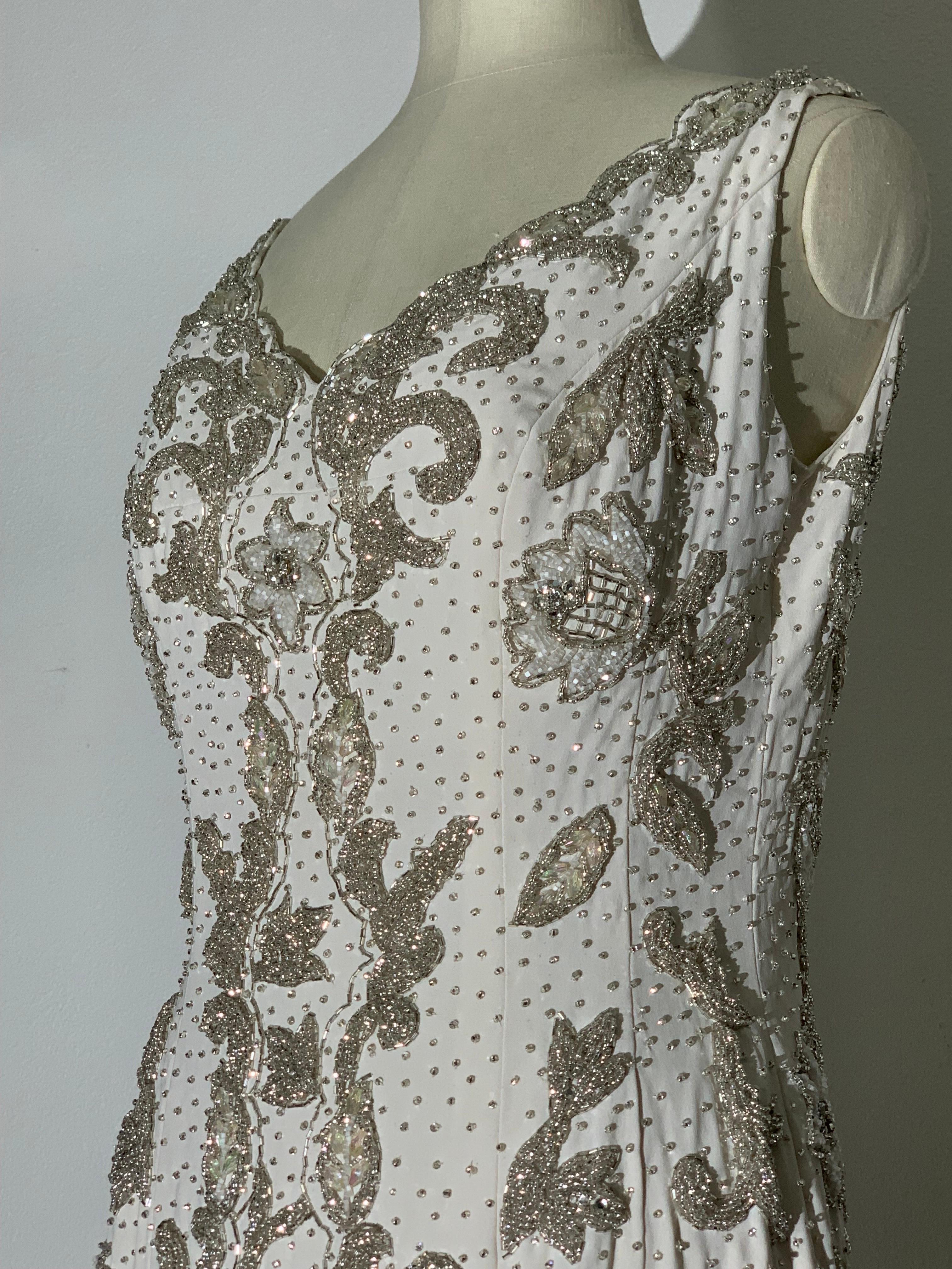 1960s Hong Kong Beaded White Silk Crepe Fishtail Wedding Gown For Sale 12