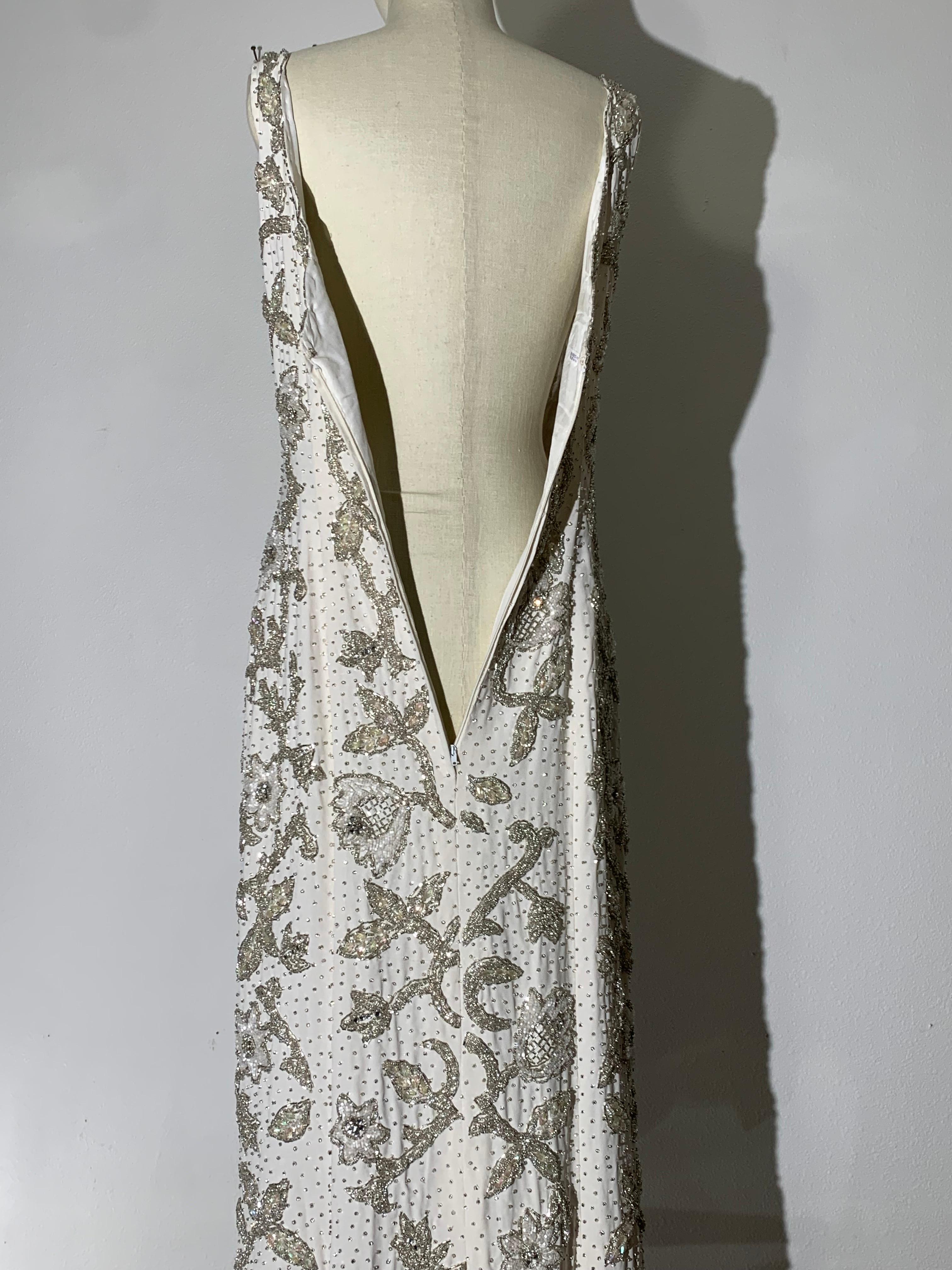 1960s Hong Kong Beaded White Silk Crepe Fishtail Wedding Gown For Sale 14
