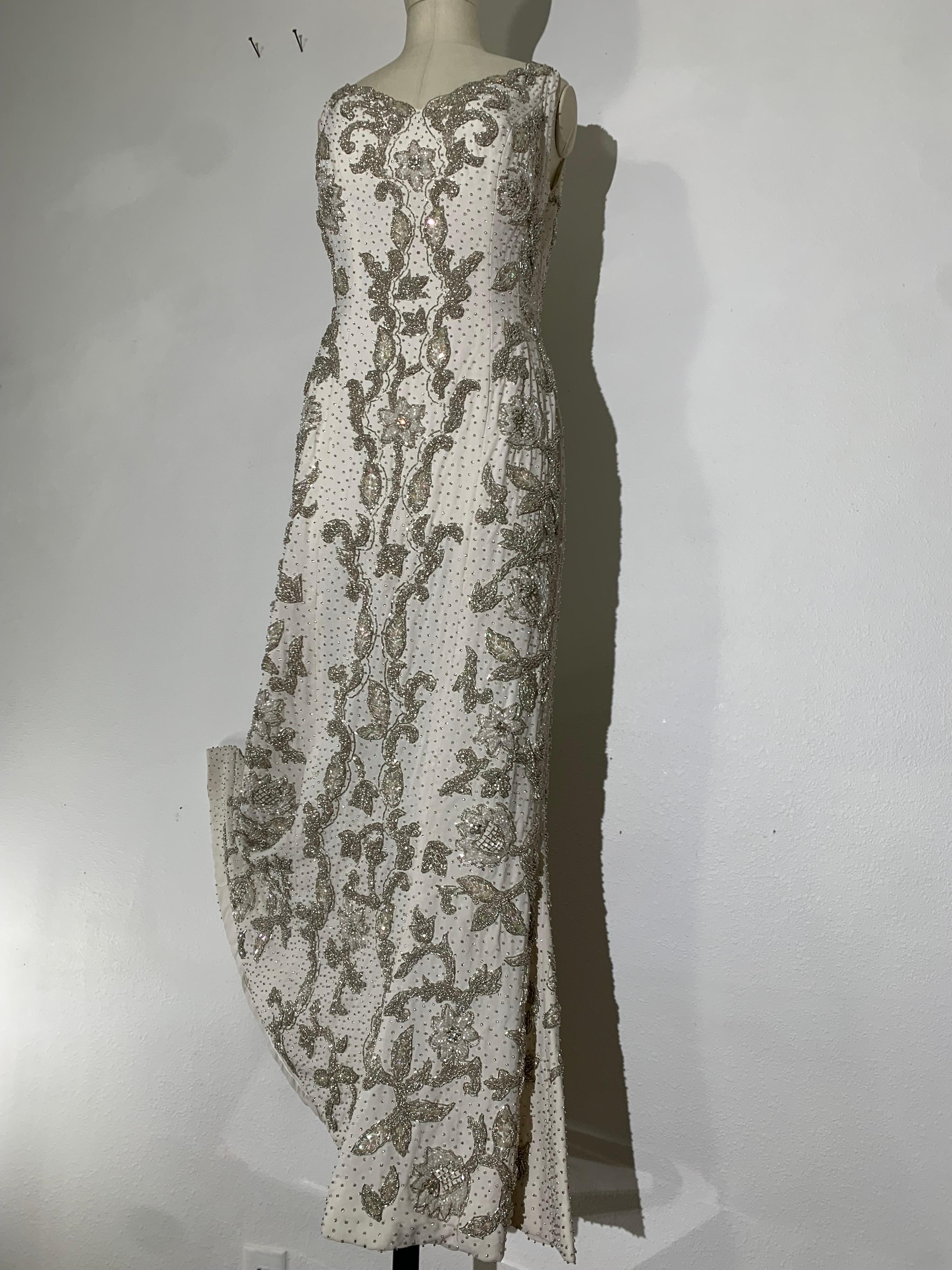 Gray 1960s Hong Kong Beaded White Silk Crepe Fishtail Wedding Gown For Sale