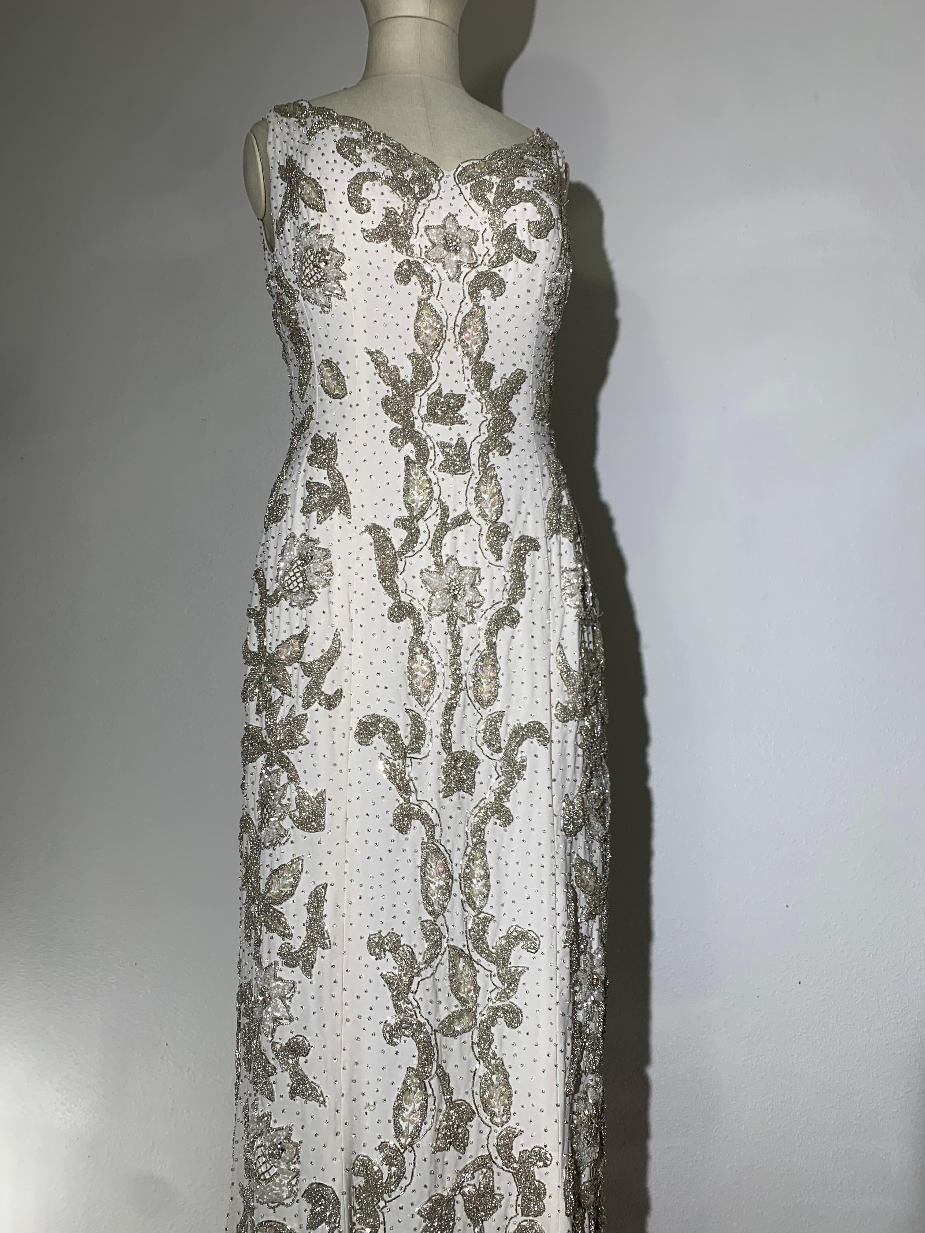 1960s Hong Kong Beaded White Silk Crepe Fishtail Wedding Gown In Excellent Condition For Sale In Gresham, OR