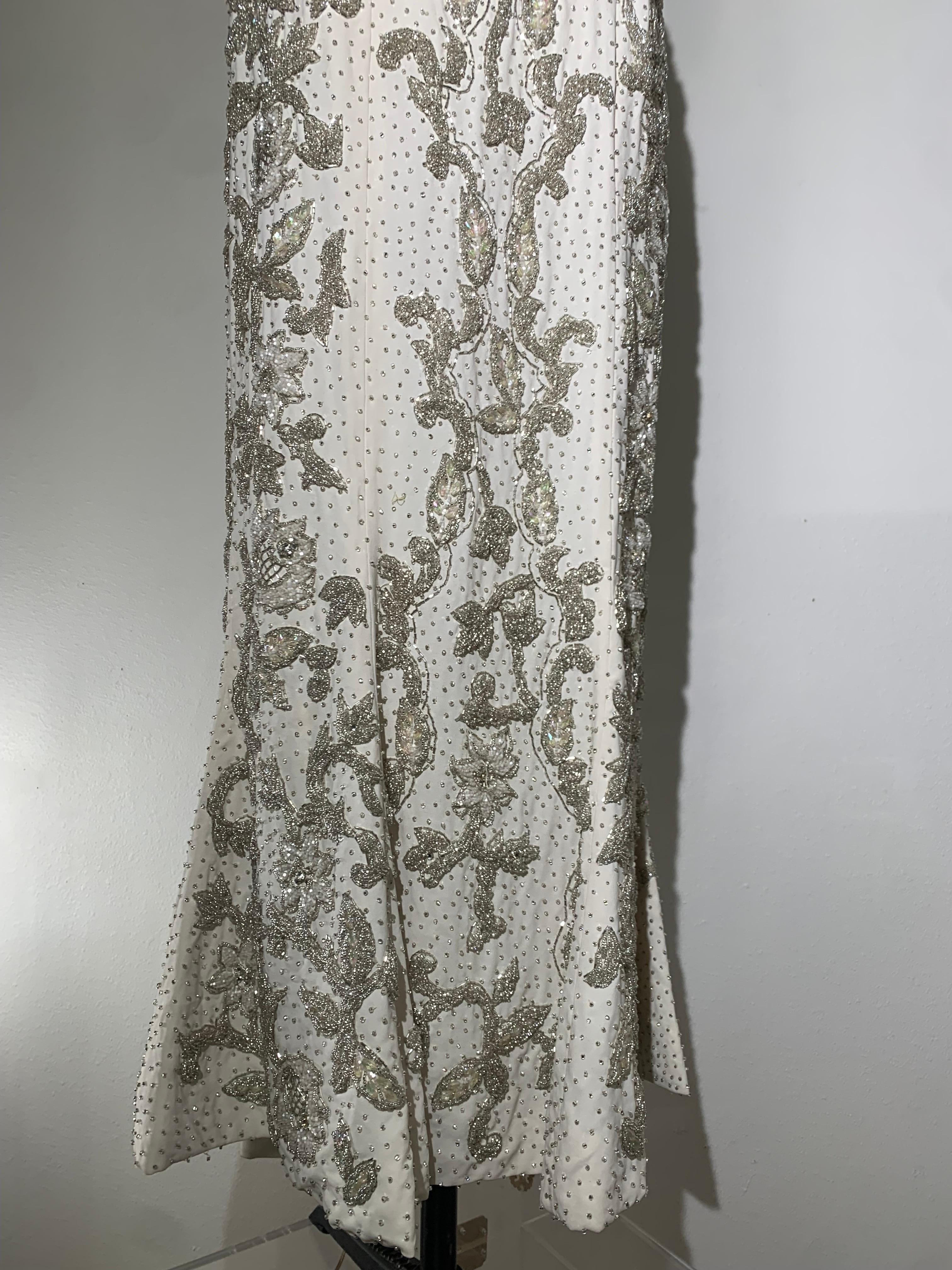 1960s Hong Kong Beaded White Silk Crepe Fishtail Wedding Gown For Sale 1