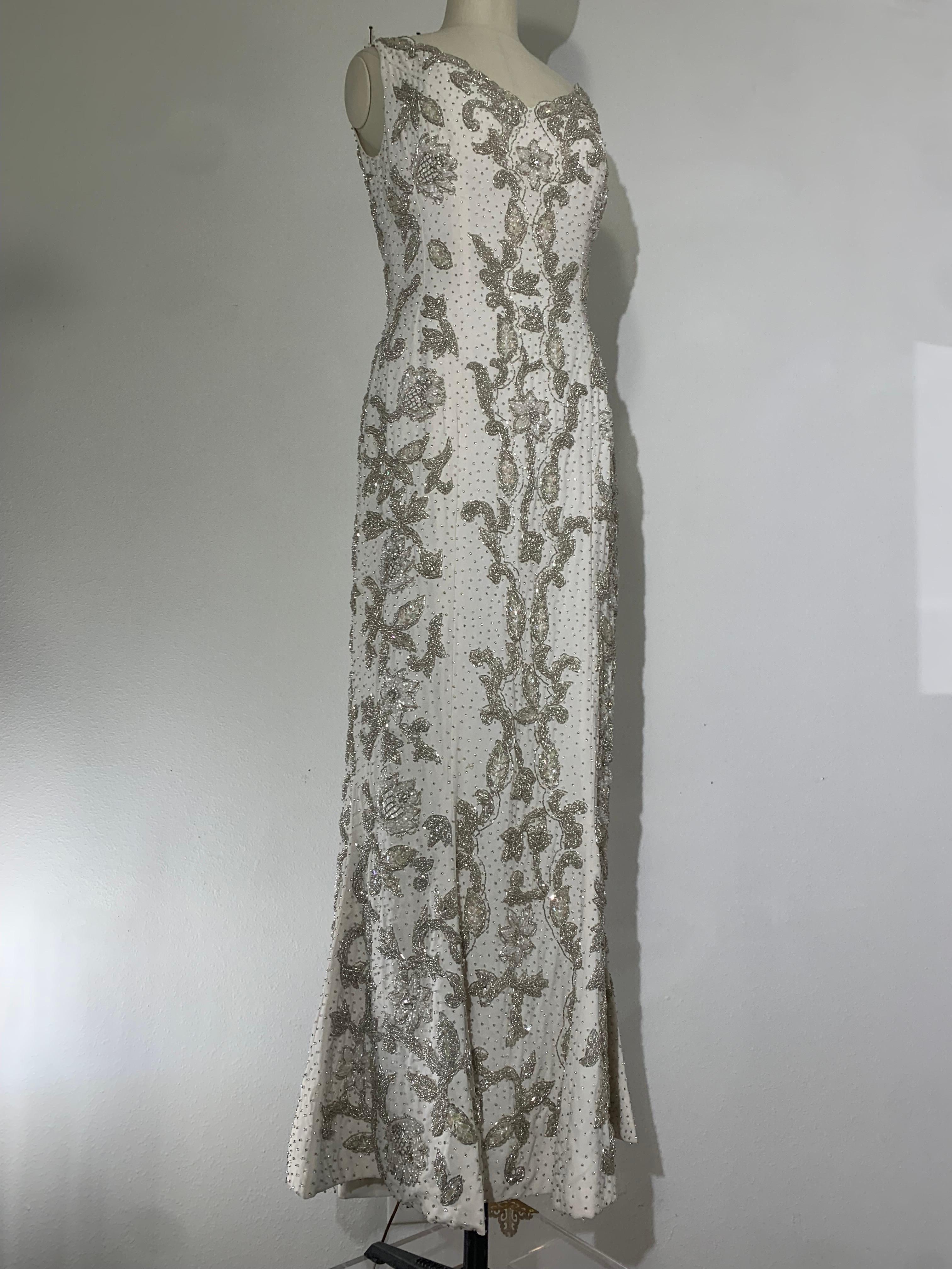 1960s Hong Kong Beaded White Silk Crepe Fishtail Wedding Gown For Sale 2