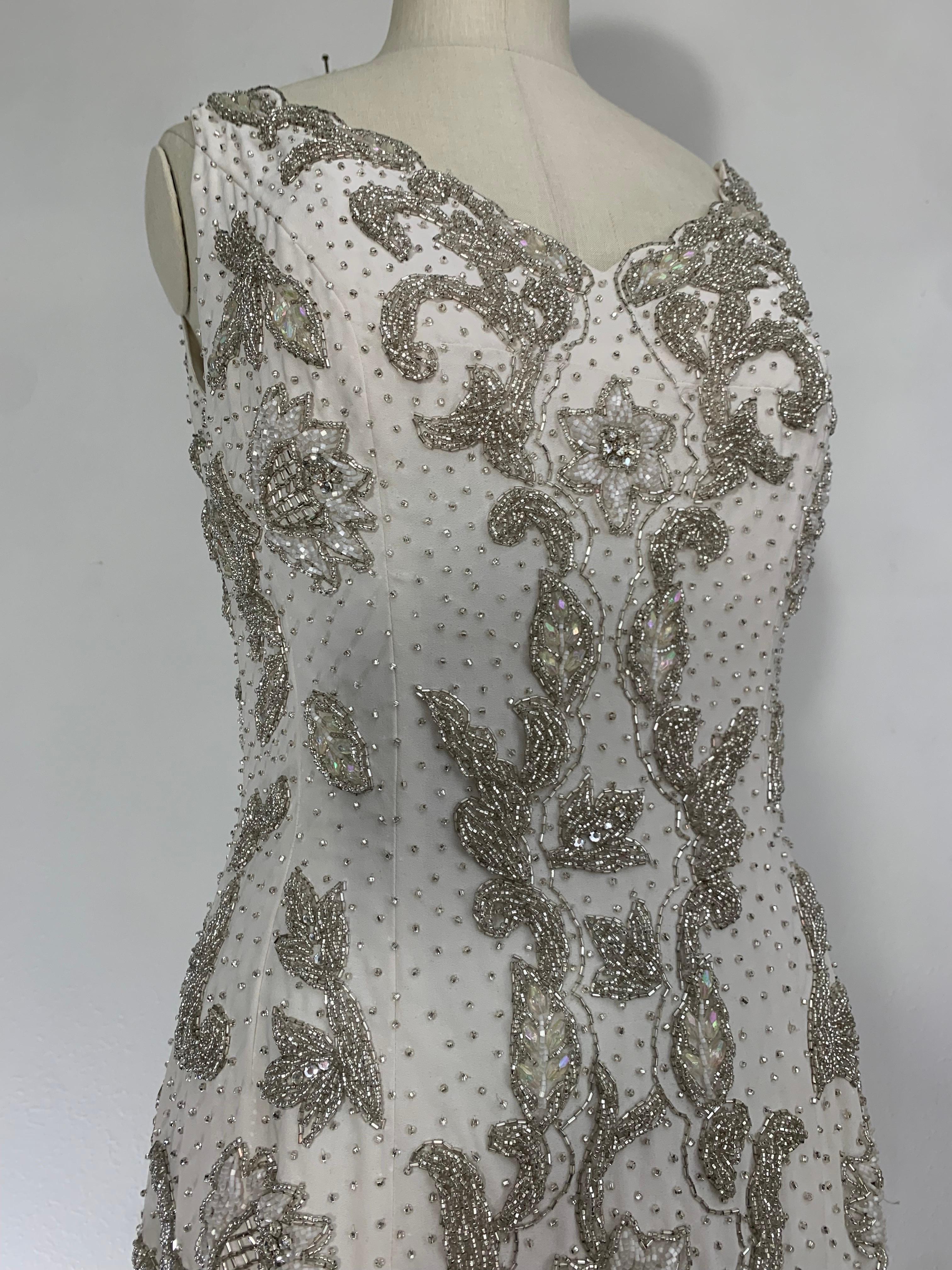 1960s Hong Kong Beaded White Silk Crepe Fishtail Wedding Gown For Sale 3