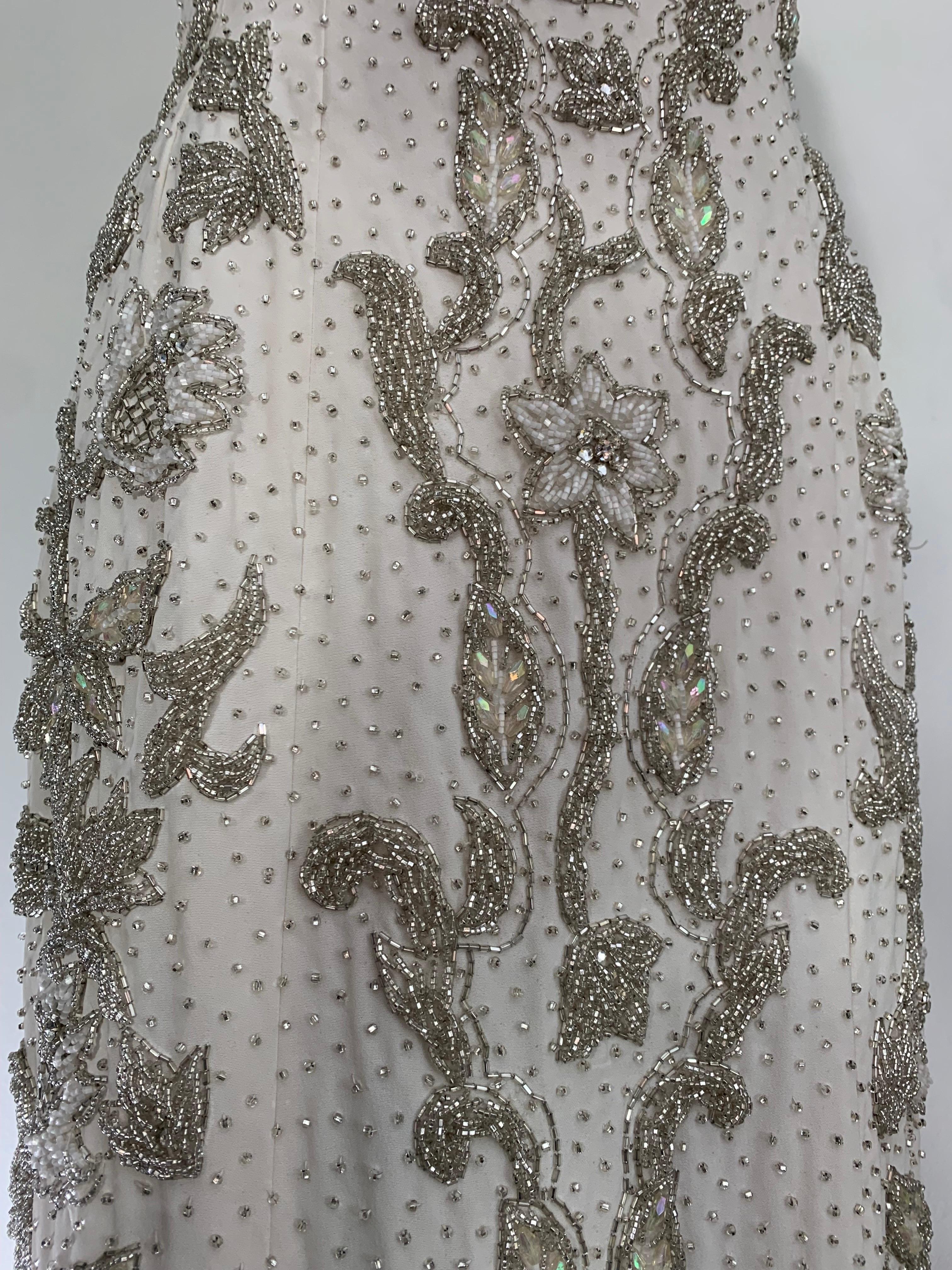 1960s Hong Kong Beaded White Silk Crepe Fishtail Wedding Gown For Sale 4