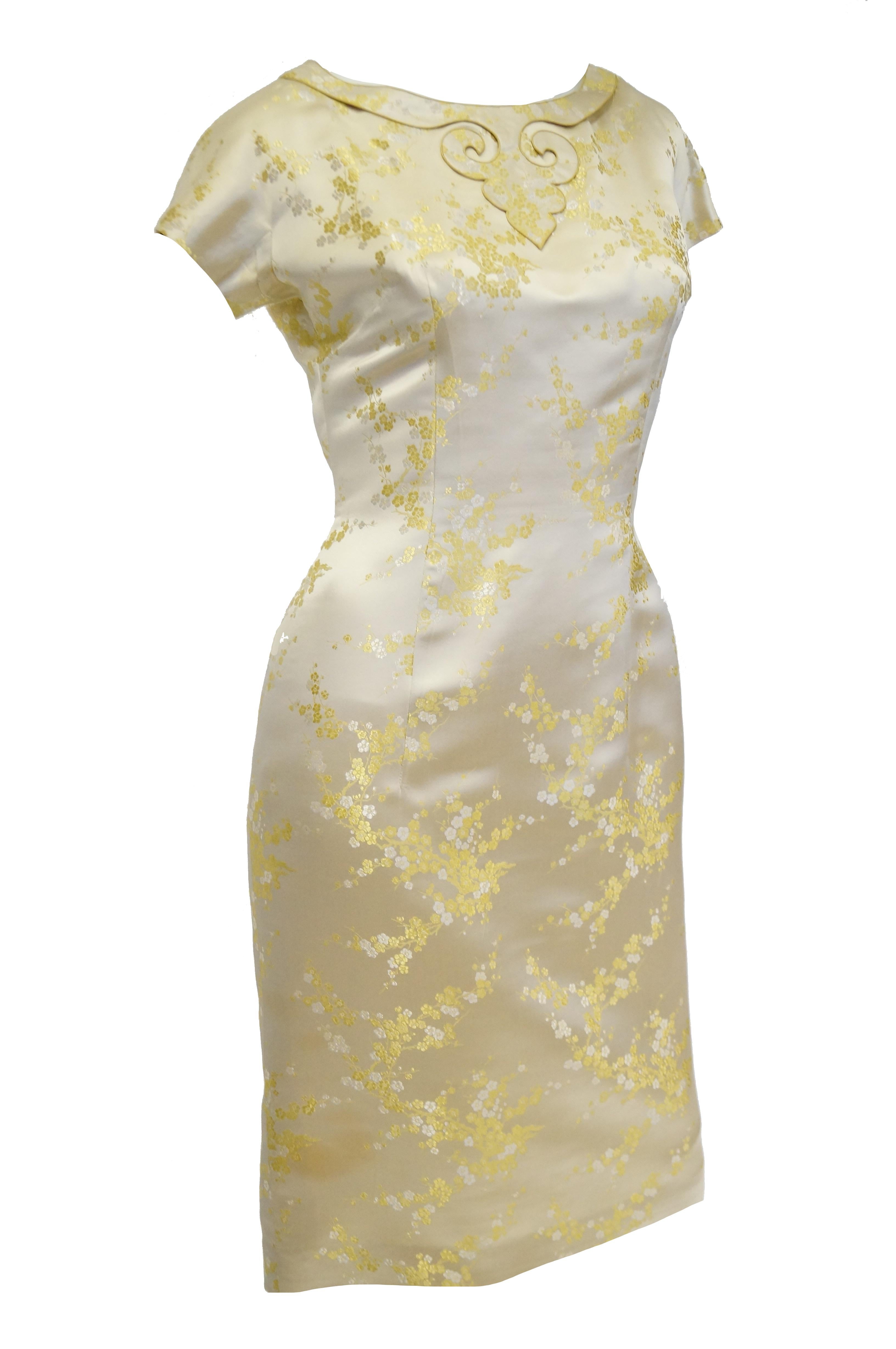  1960s Hong Kong Gold Cherry Blossom Floral Brocade Cocktail Dress and Coat For Sale 3