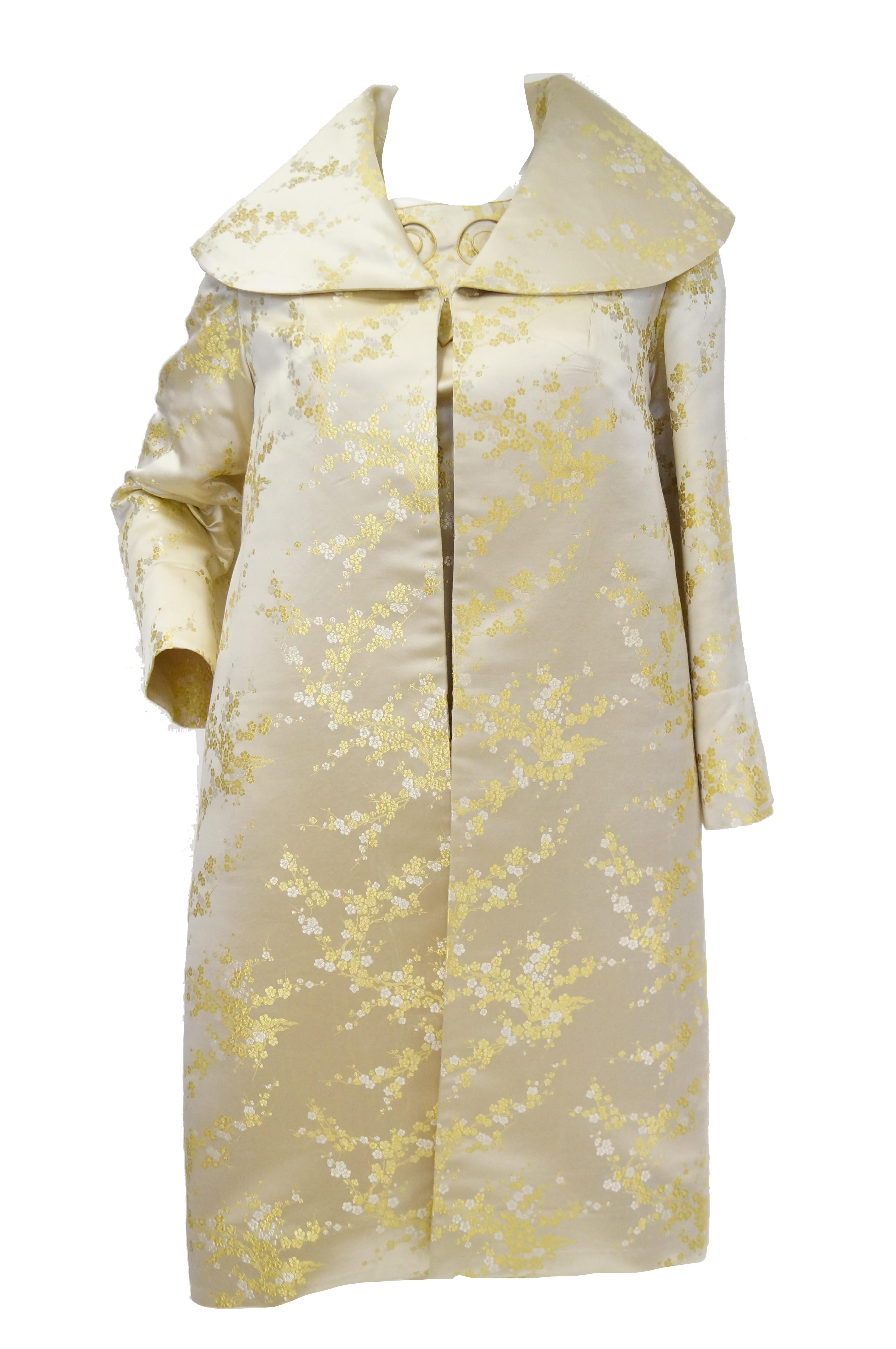 1960s Hong Kong Gold Cherry Blossom Floral Brocade Cocktail Dress and Coat For Sale 5