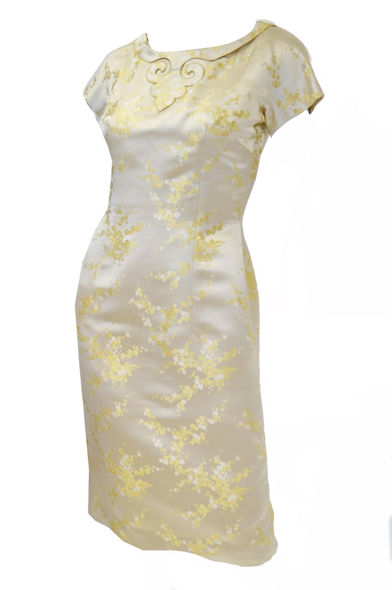 1960s Hong Kong Gold Cherry Blossom Floral Brocade Cocktail Dress and