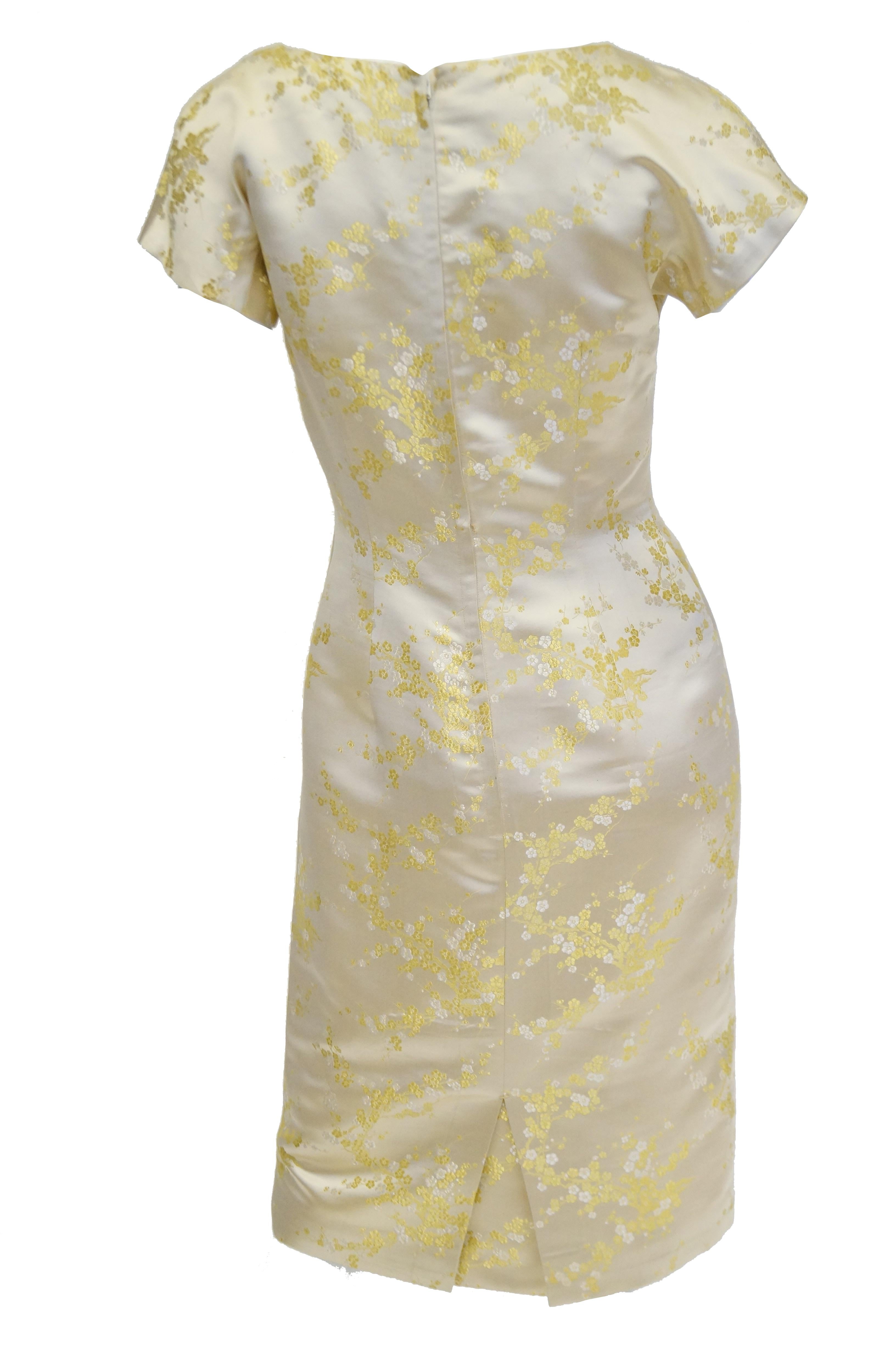 1960s Hong Kong Gold Cherry Blossom Floral Brocade Cocktail Dress and Coat In Excellent Condition For Sale In Houston, TX