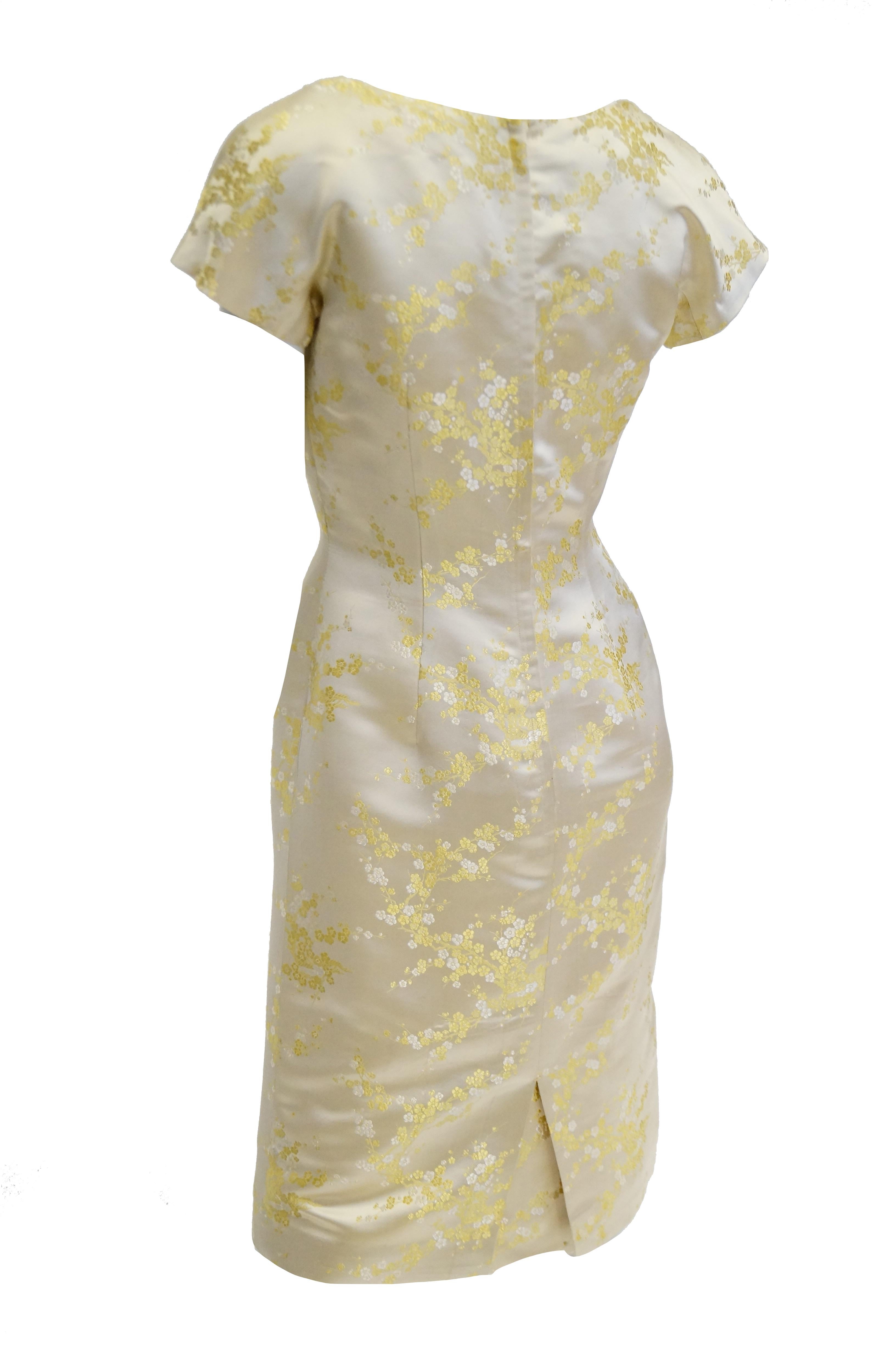 Women's or Men's  1960s Hong Kong Gold Cherry Blossom Floral Brocade Cocktail Dress and Coat For Sale