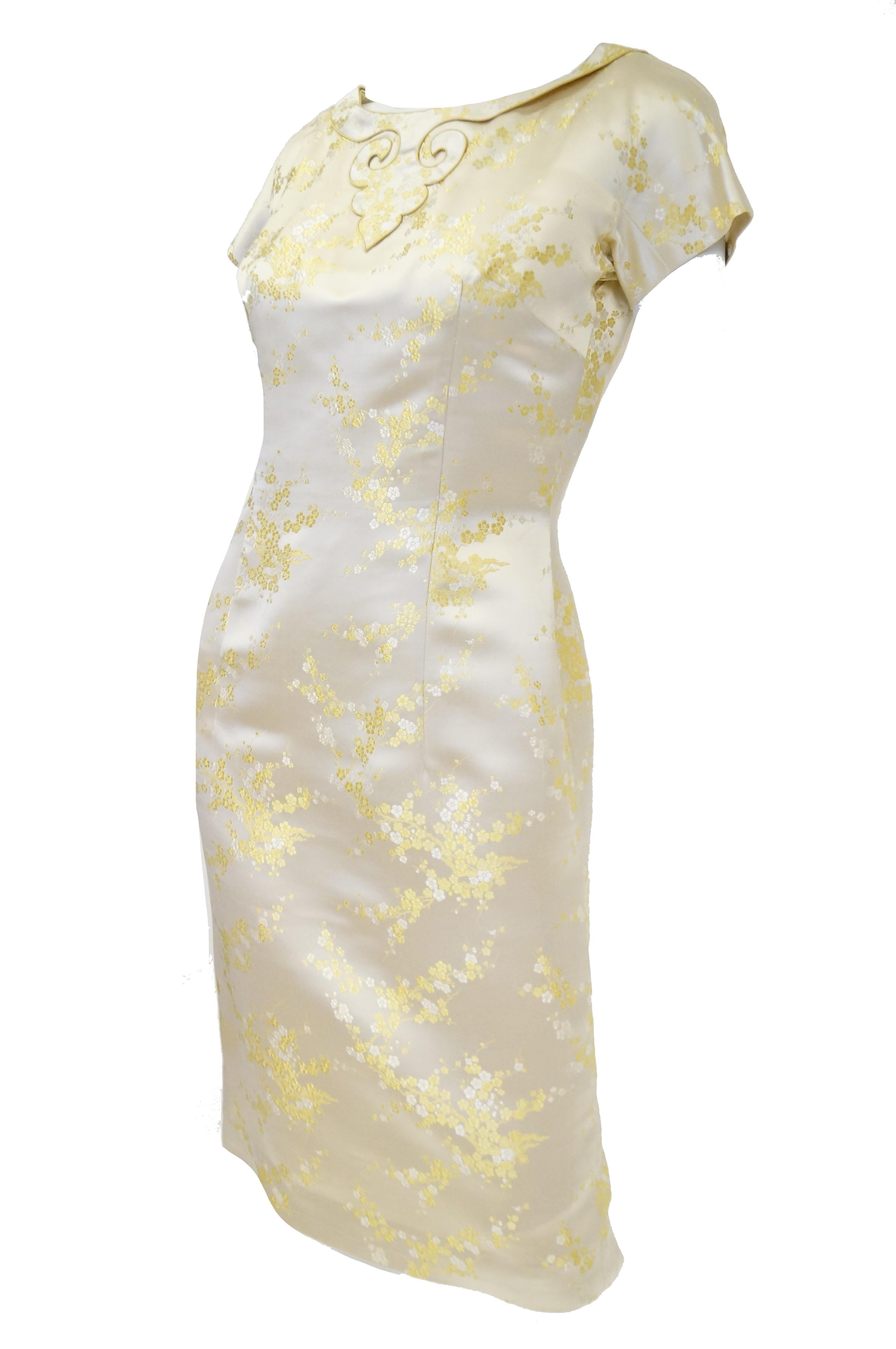 1960s Hong Kong Gold Cherry Blossom Floral Brocade Cocktail Dress and Coat For Sale 2