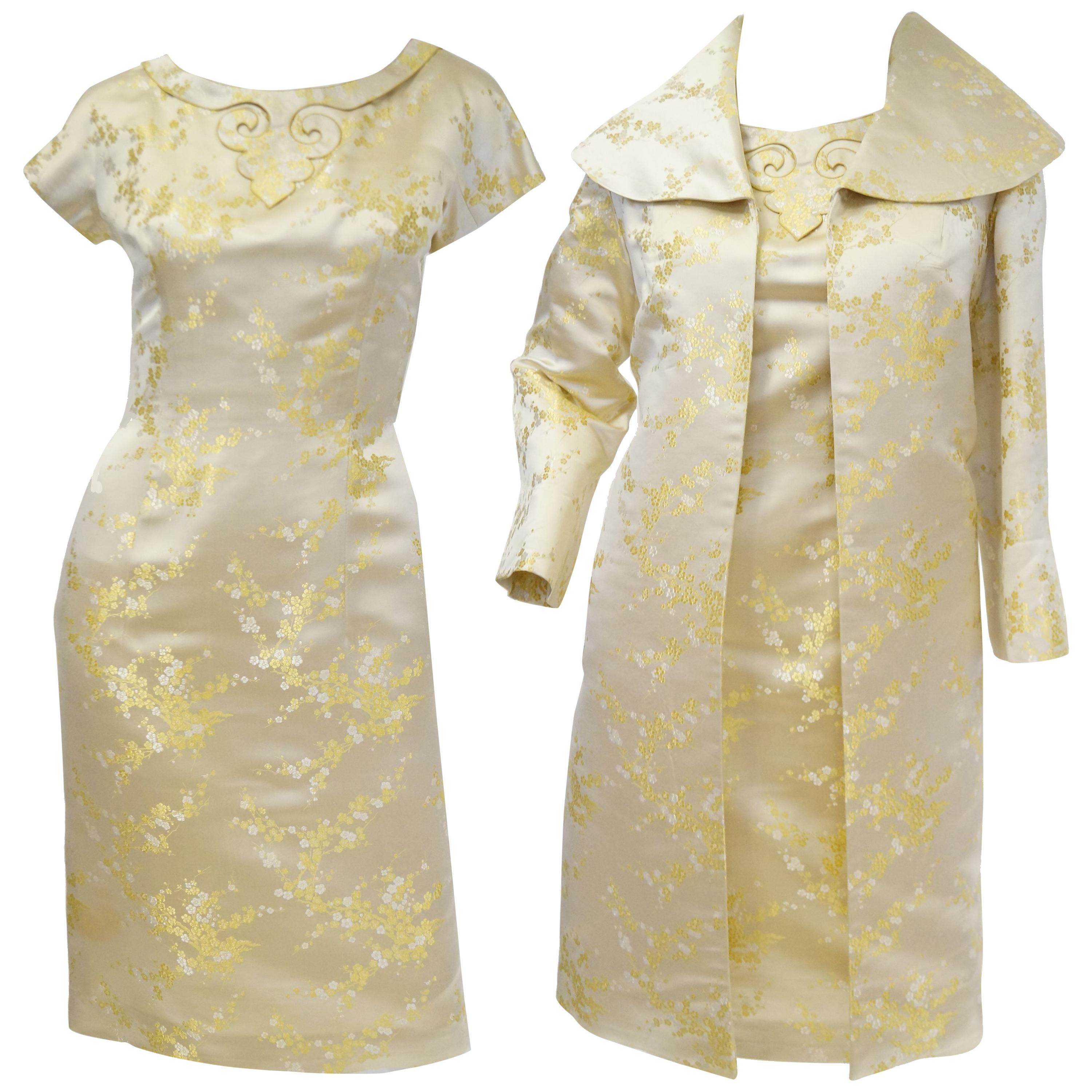  1960s Hong Kong Gold Cherry Blossom Floral Brocade Cocktail Dress and Coat For Sale