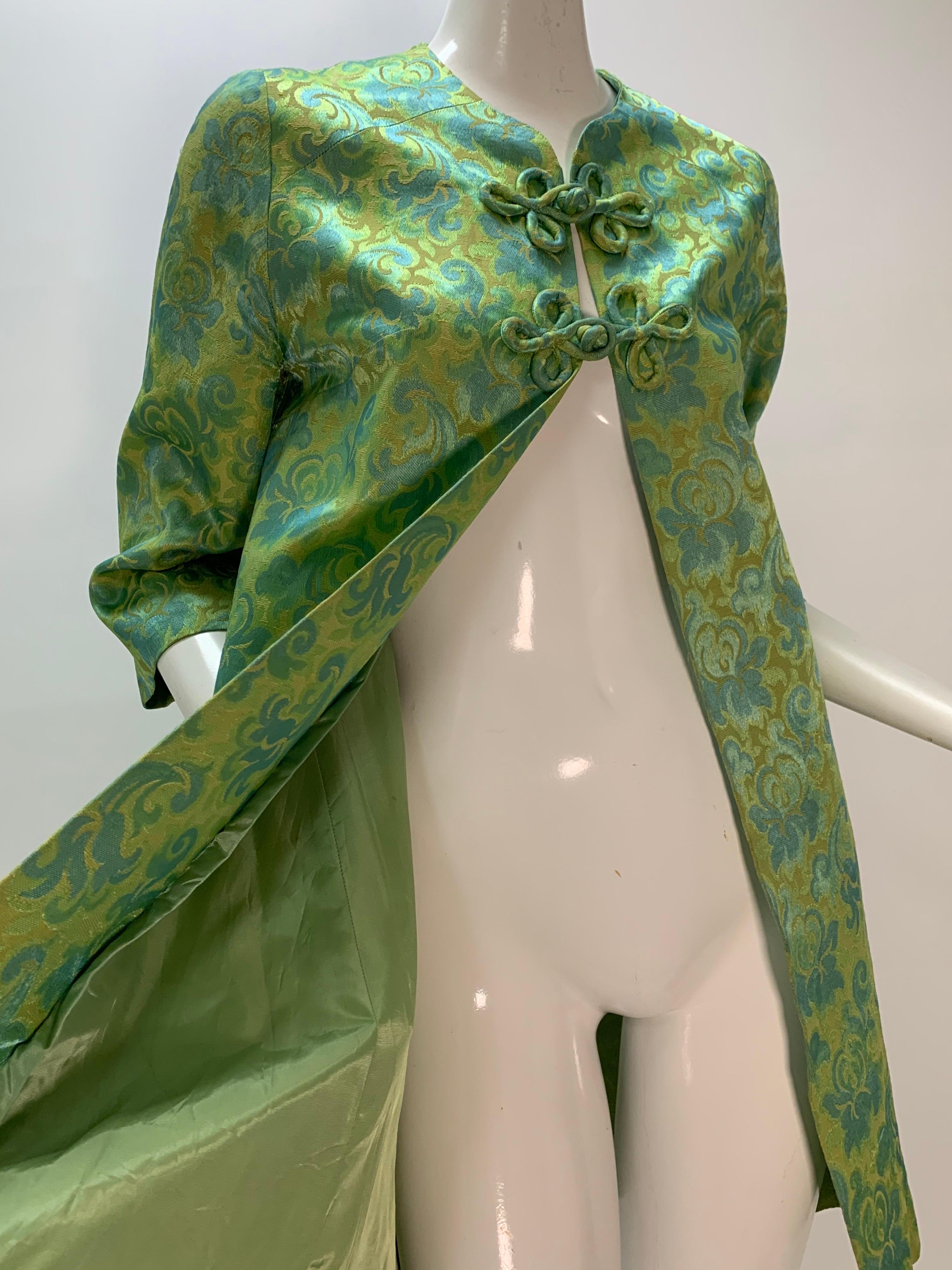Women's 1960s Hong Kong Green and Aqua Brocade Jacket w/ Frog Closures
