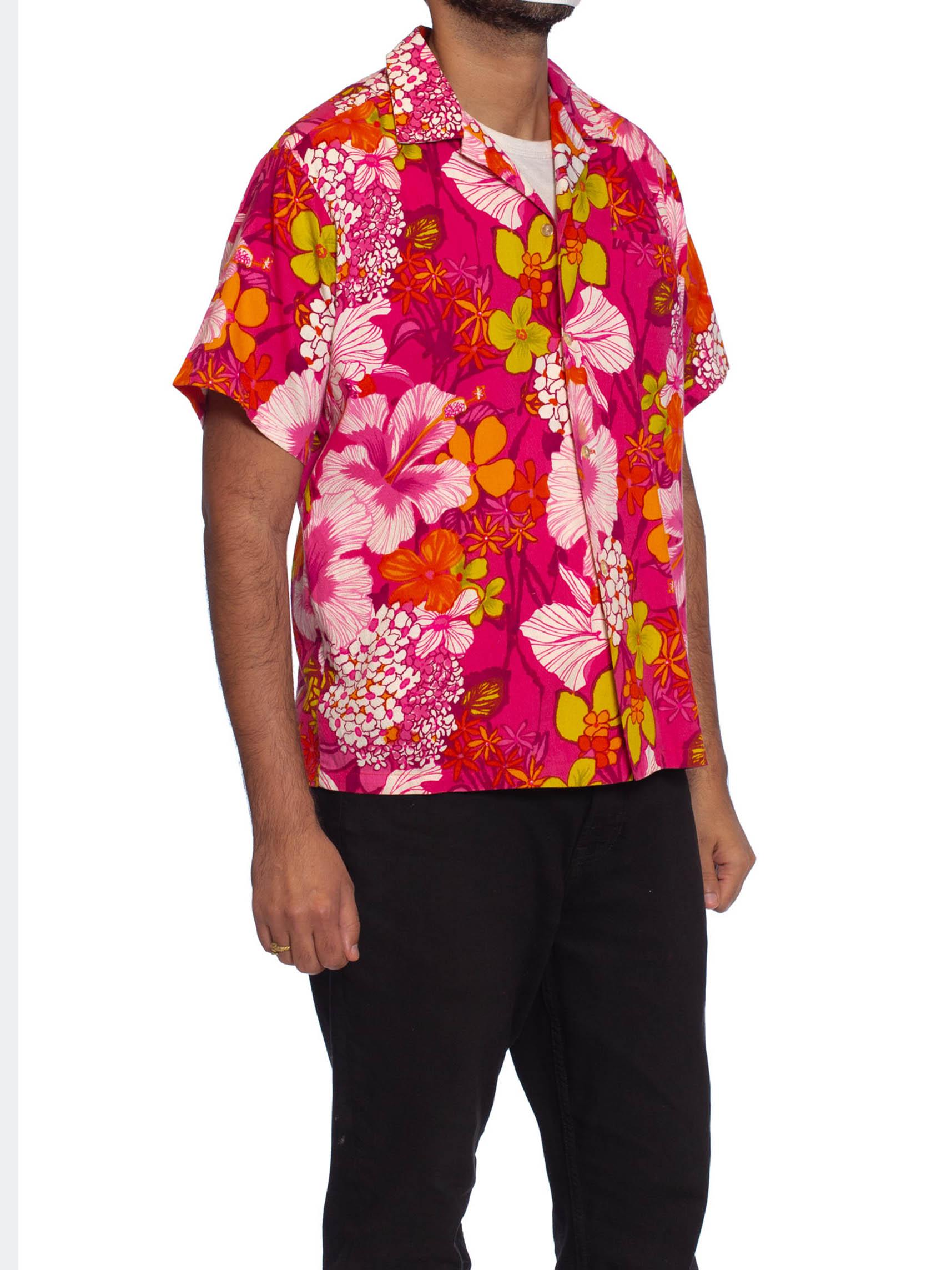 1960S Hot Pink Cotton Barkcloth Men's Hawaiian Tropical Print Shirt 1