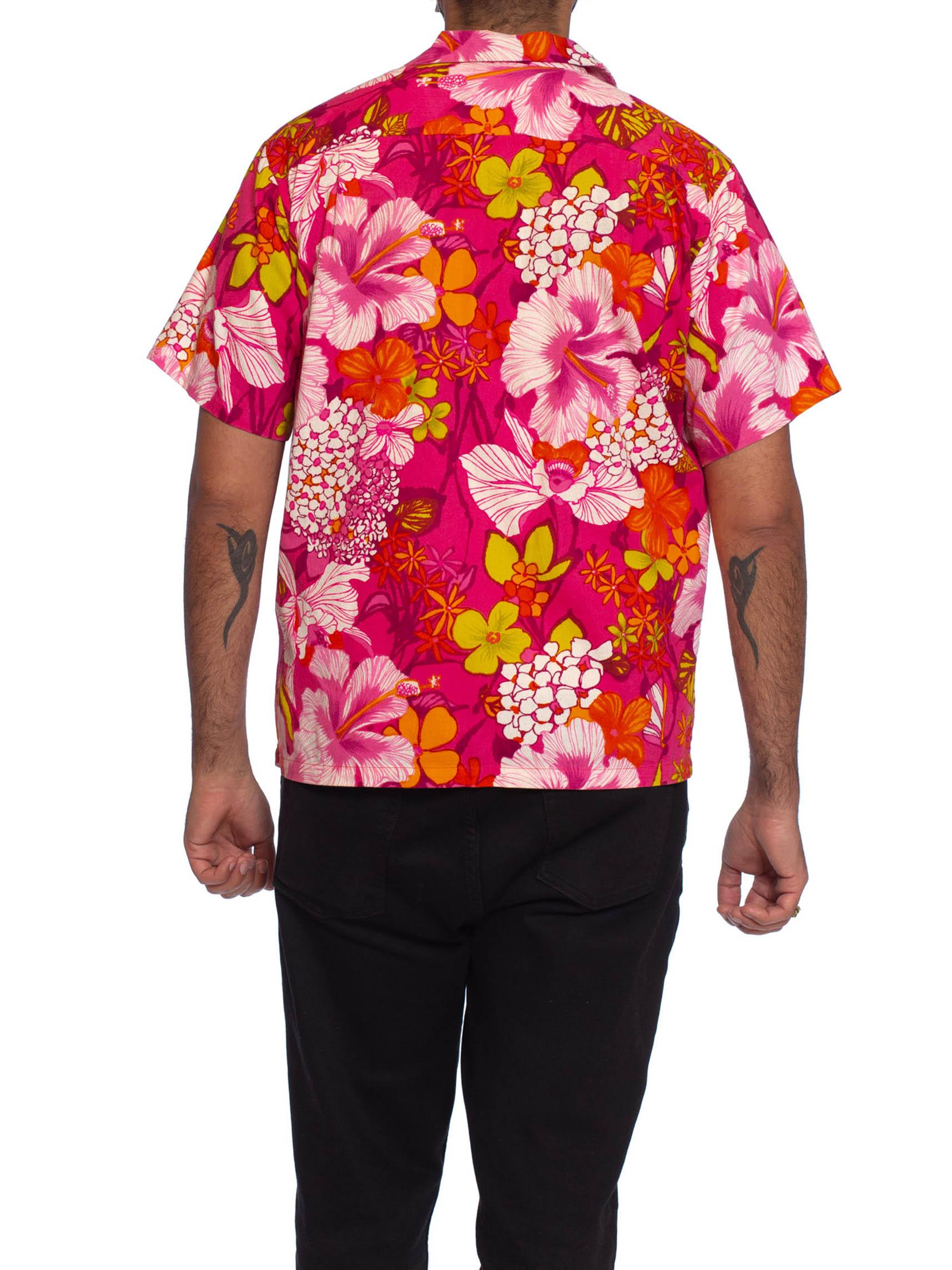 1960S Hot Pink Cotton Barkcloth Men's Hawaiian Tropical Print Shirt 3
