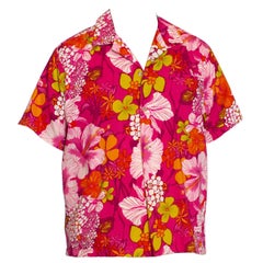 Vintage 1960S Hot Pink Cotton Barkcloth Men's Hawaiian Tropical Print Shirt