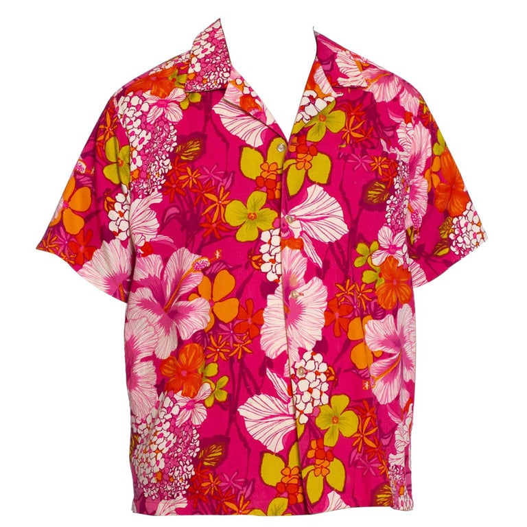 1960S Hot Pink Cotton Barkcloth Men's Hawaiian Tropical Print Shirt at ...