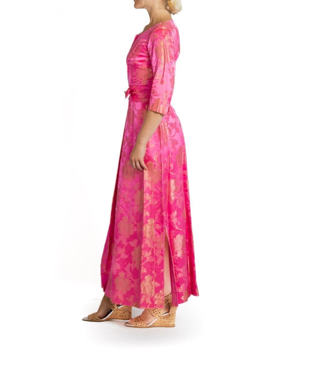 Women's 1960S Hot Pink & Gold Silk Jacquard Gown With Belt For Sale