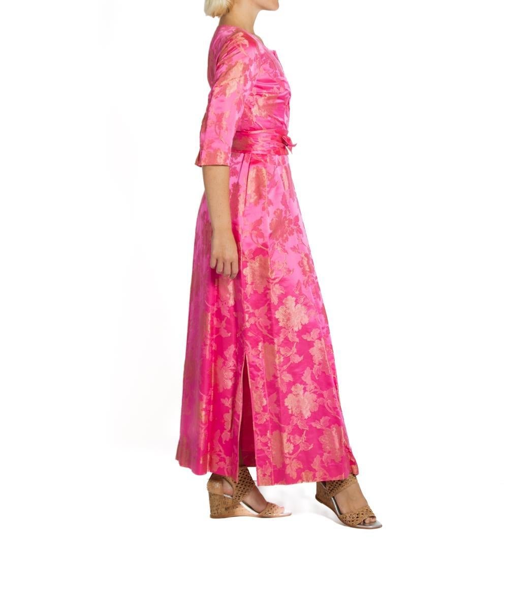 1960S Hot Pink & Gold Silk Jacquard Gown With Belt For Sale 1