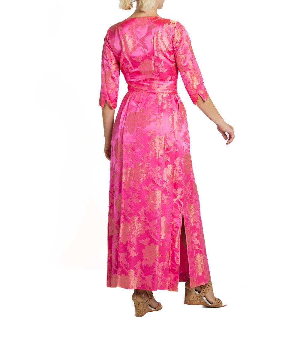 1960S Hot Pink & Gold Silk Jacquard Gown With Belt For Sale 2