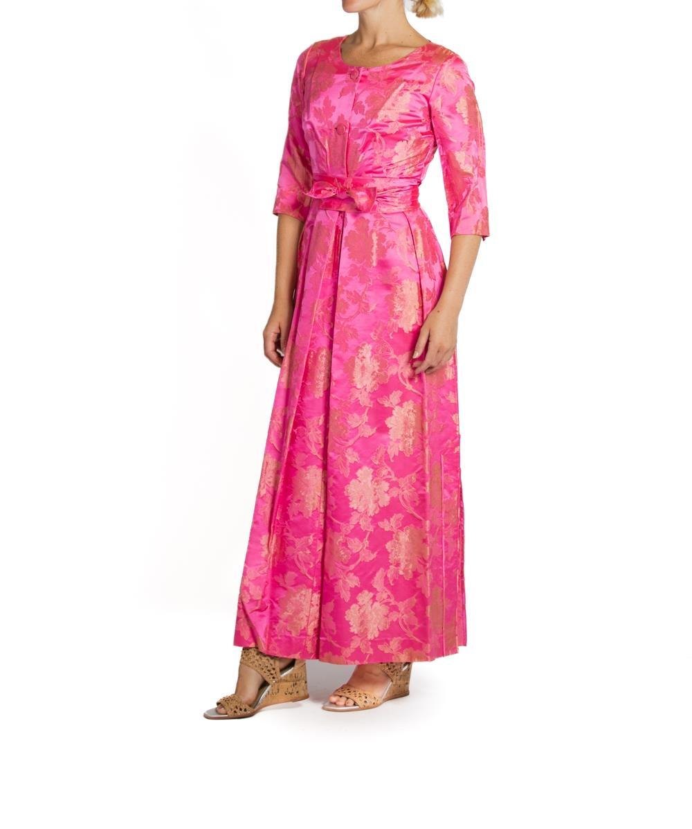 1960S Hot Pink & Gold Silk Jacquard Gown With Belt For Sale 3