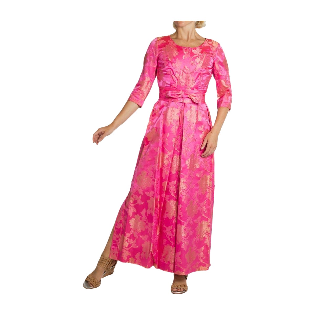 1960S Robe en jacquard de soie rose vif et or avec ceinture