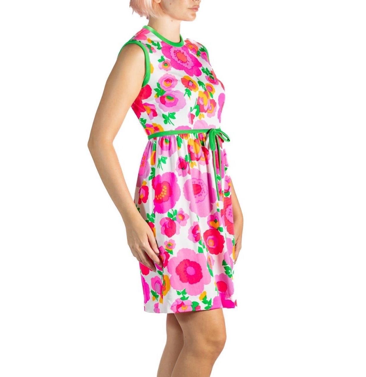 Beige 1960S Hot Pink & Green Polyester Jersey Mod Mini Dress For Sale