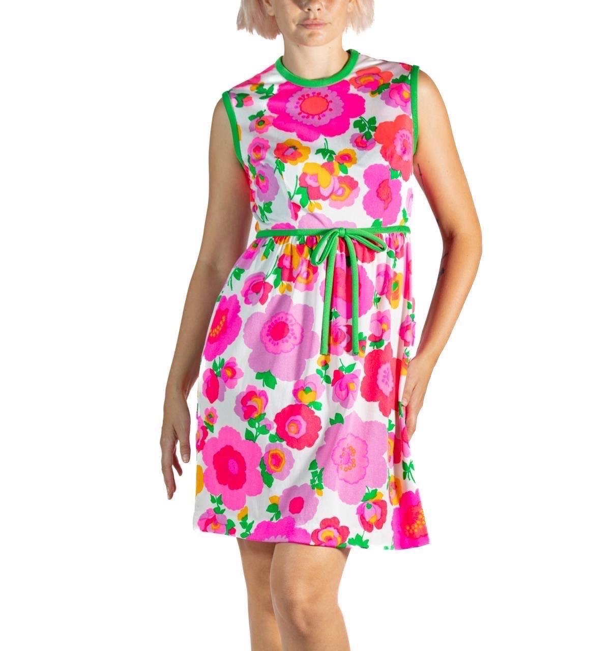 Women's 1960S Hot Pink & Green Polyester Jersey Mod Mini Dress For Sale
