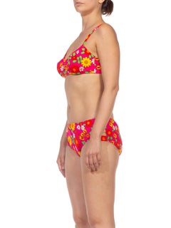 1960S Hot Pink Mod Floral Cotton Bark Cloth Swimsuit