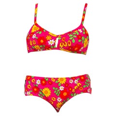 Used 1960S Hot Pink Mod Floral Cotton Bark Cloth Swimsuit