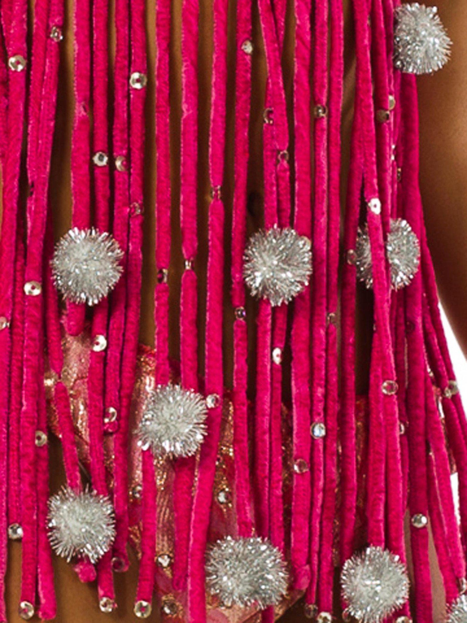 Red 1960S Hot Pink & Silver Poly/Rayon Crystal Studded Velvet Fringe Showgirl Bra P For Sale