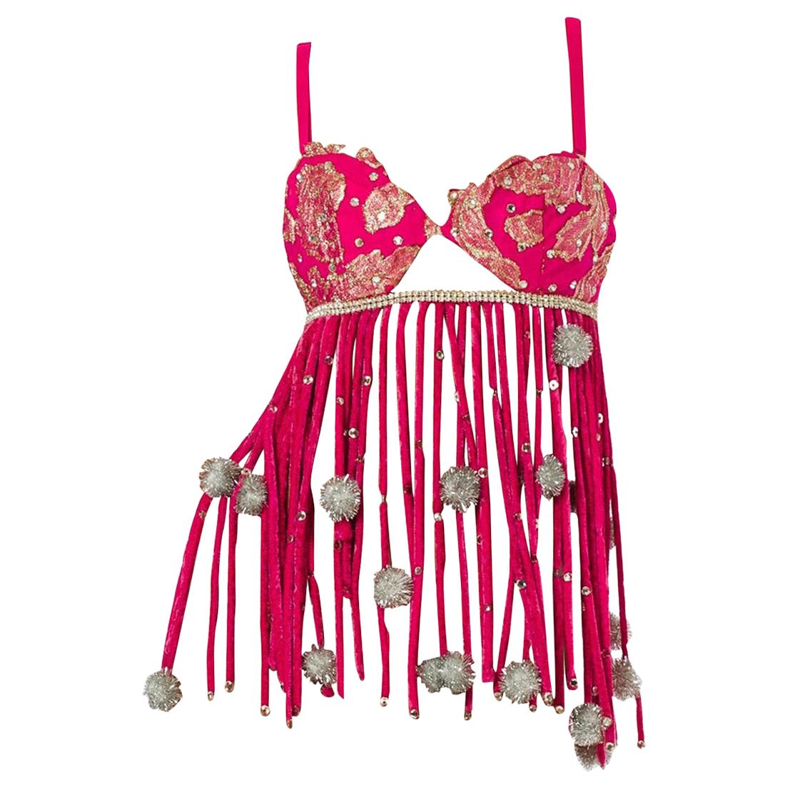 1960S Hot Pink & Silver Poly/Rayon Crystal Studded Velvet Fringe Showgirl Bra P For Sale