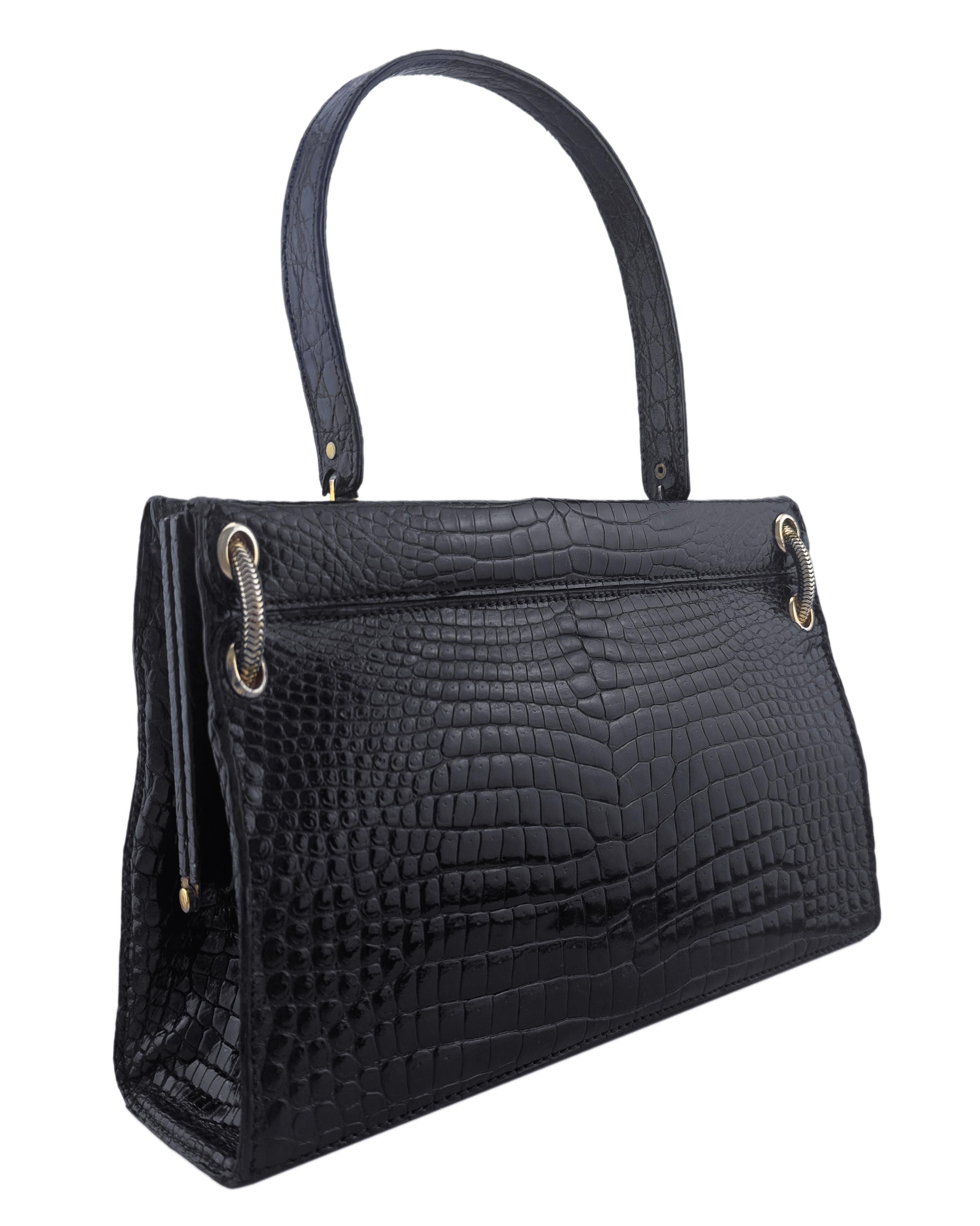 Noir 1960s House of Grimaldi Black Croc Skin Top Handle Bag en vente