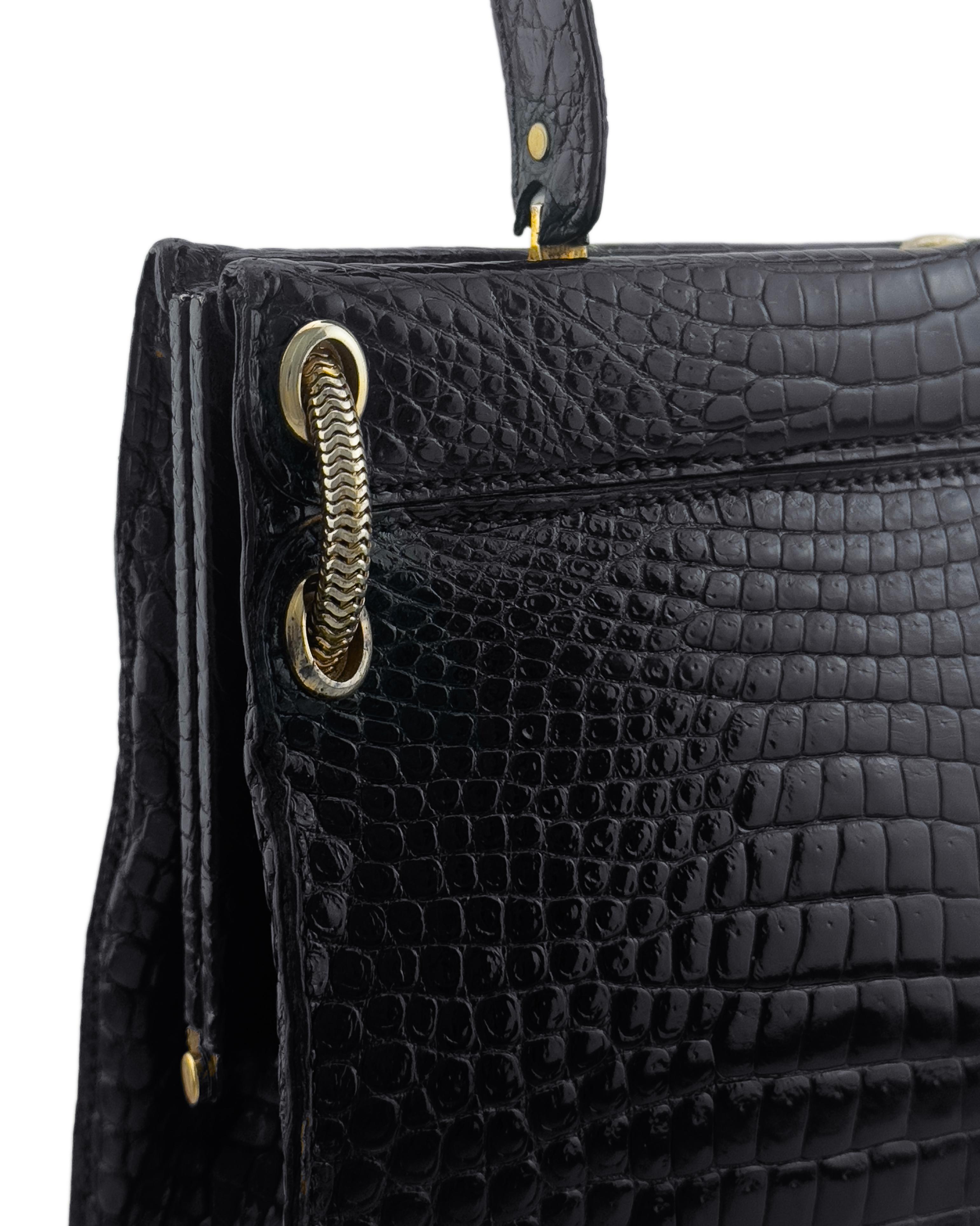 1960s House of Grimaldi Black Croc Skin Top Handle Bag Pour femmes en vente