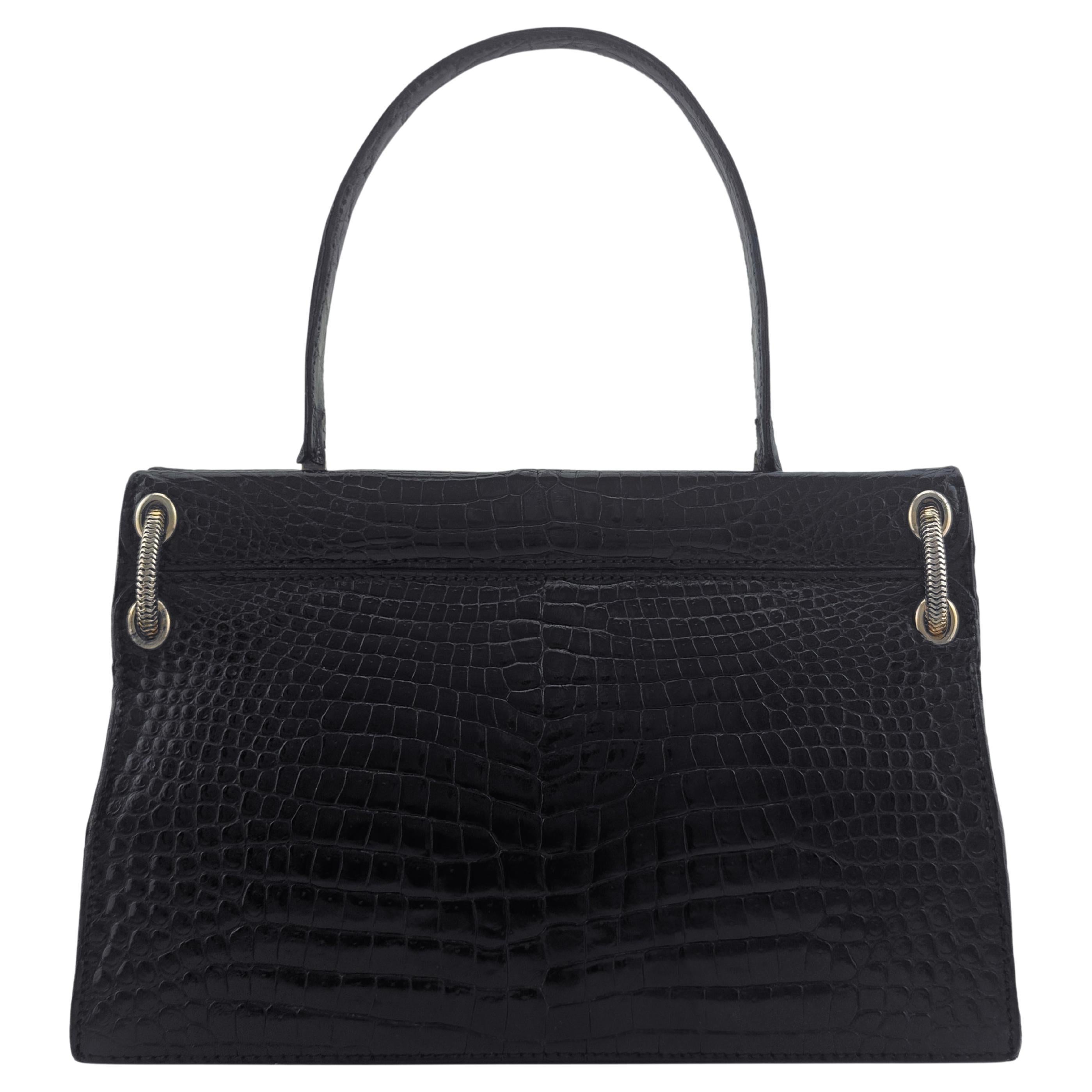 1960s House of Grimaldi Black Croc Skin Top Handle Bag