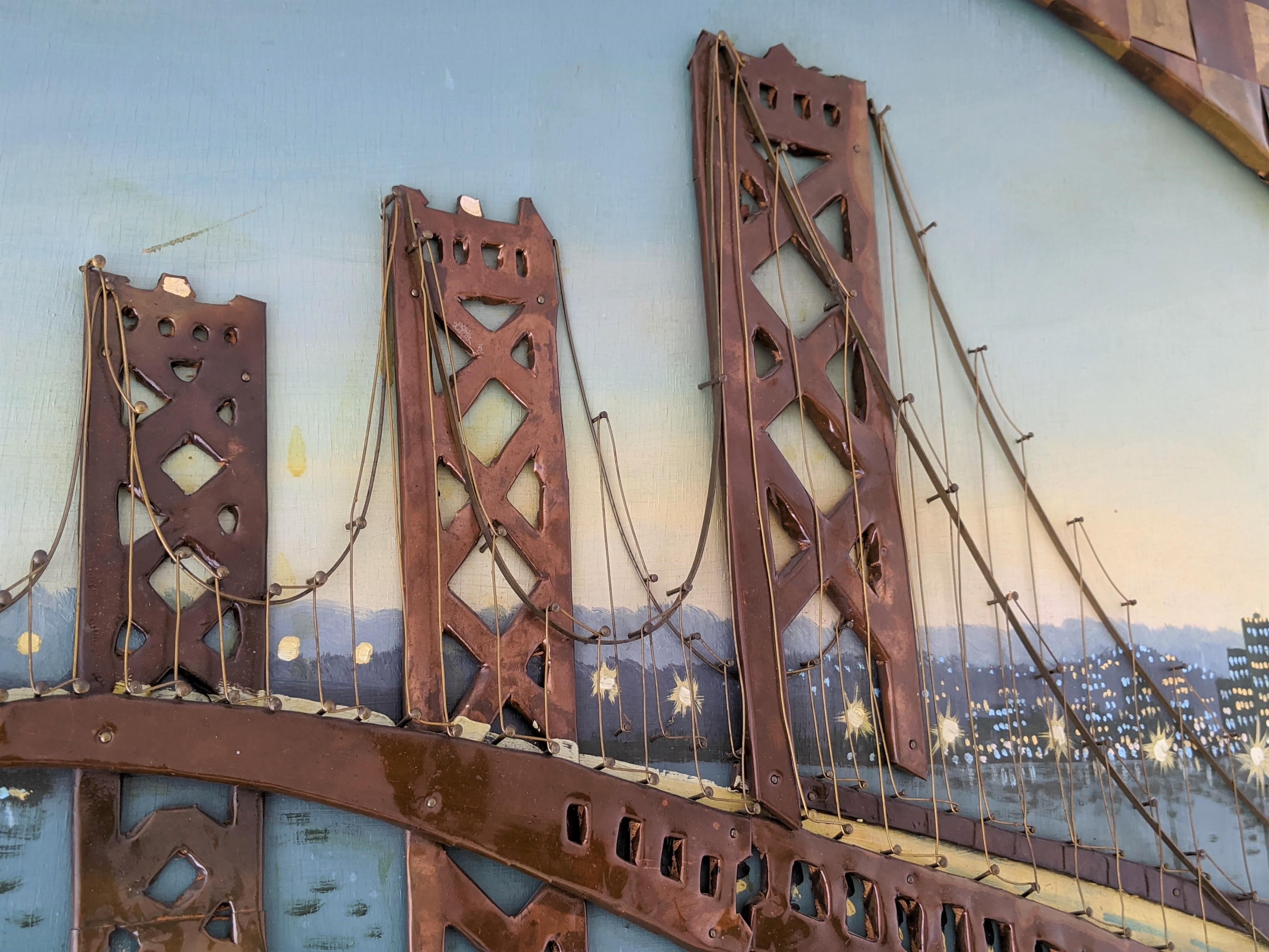 1960s Huge Brass and Copper Wall Art with a Painting of the Bay Bridge, USA For Sale 2