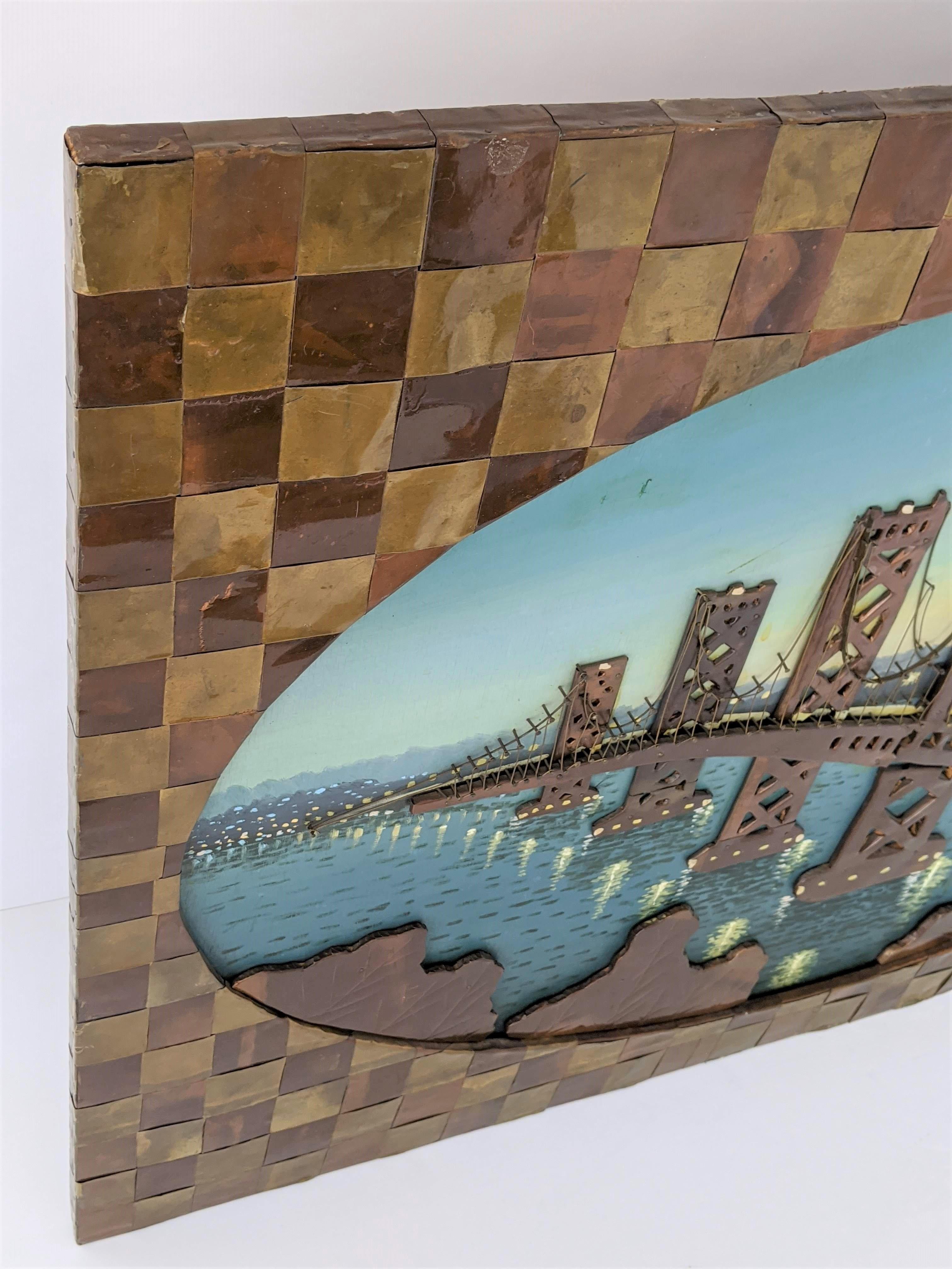 1960s Huge Brass and Copper Wall Art with a Painting of the Bay Bridge, USA For Sale 3